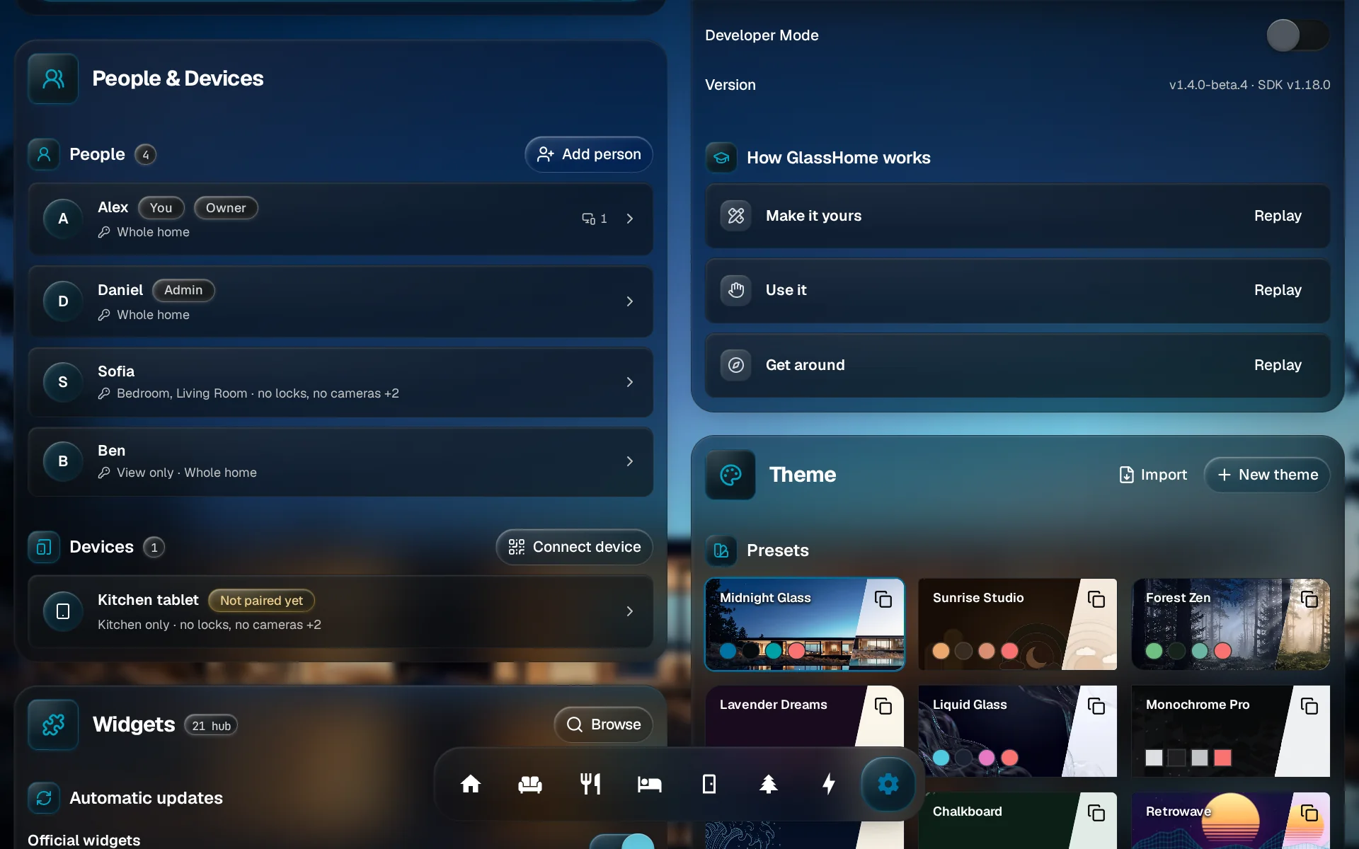 The People list in Settings with Sofia's row highlighted; it reads Bedroom, Living Room, no locks, no cameras