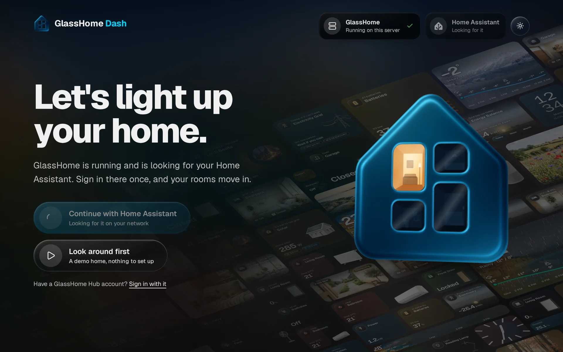 The GlassHome welcome screen saying Let's light up your home, with a card for GlassHome and a card for Home Assistant