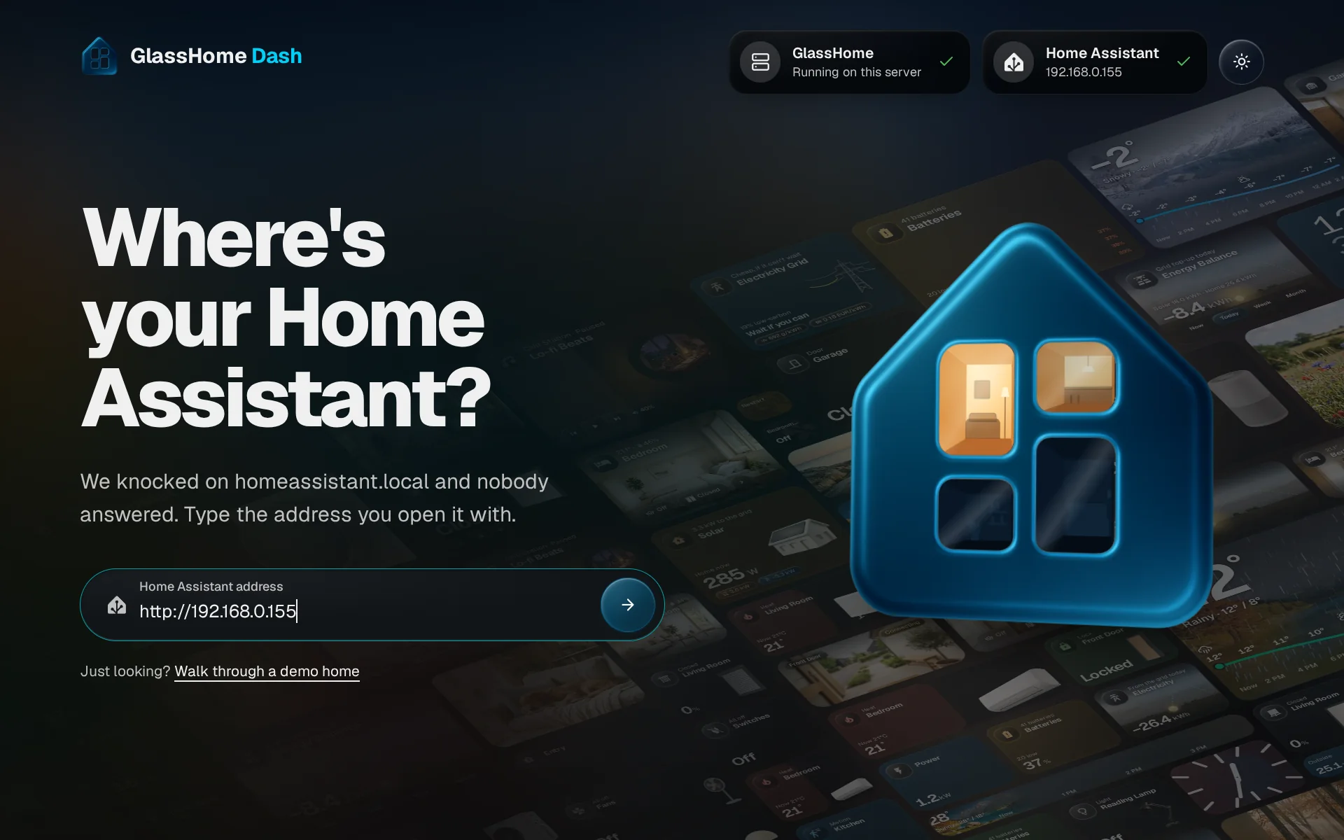The screen Where's your Home Assistant, with the Home Assistant address field filled in