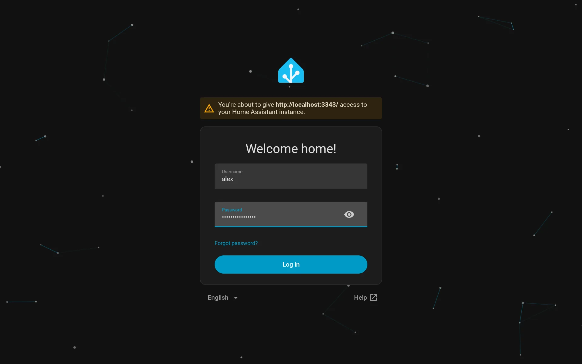 Home Assistant's own sign-in page, a yellow box naming the address that asks for access above the Username and Password fields