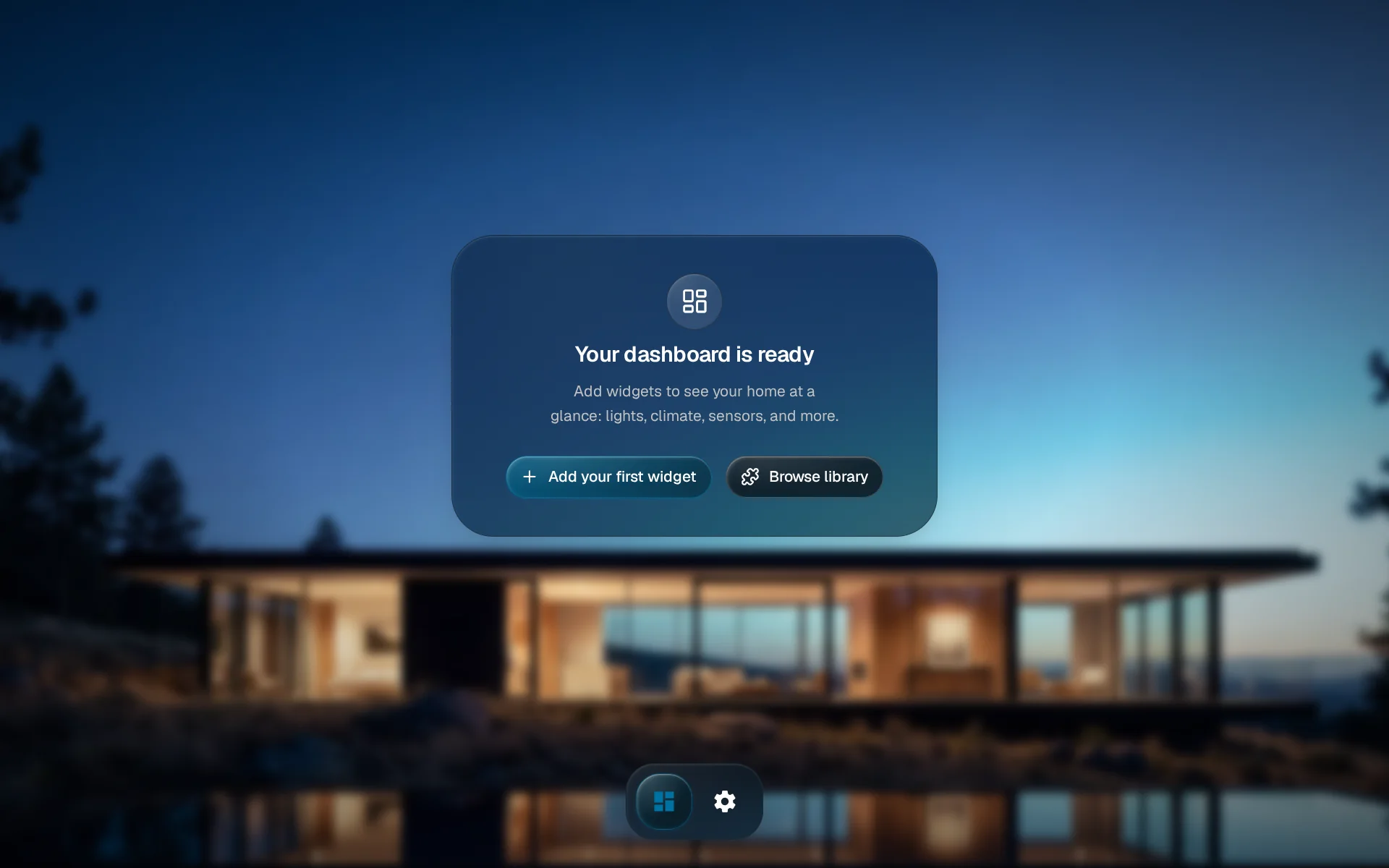 The new dashboard saying Your dashboard is ready, with Add your first widget and Browse library buttons