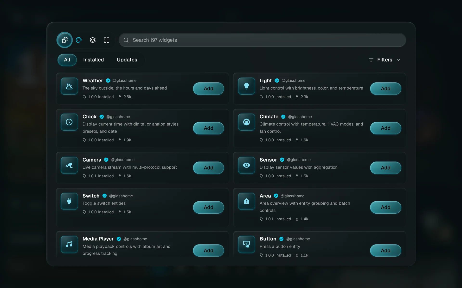 The browser on its Widgets tab, with the Themes tab about to be tapped