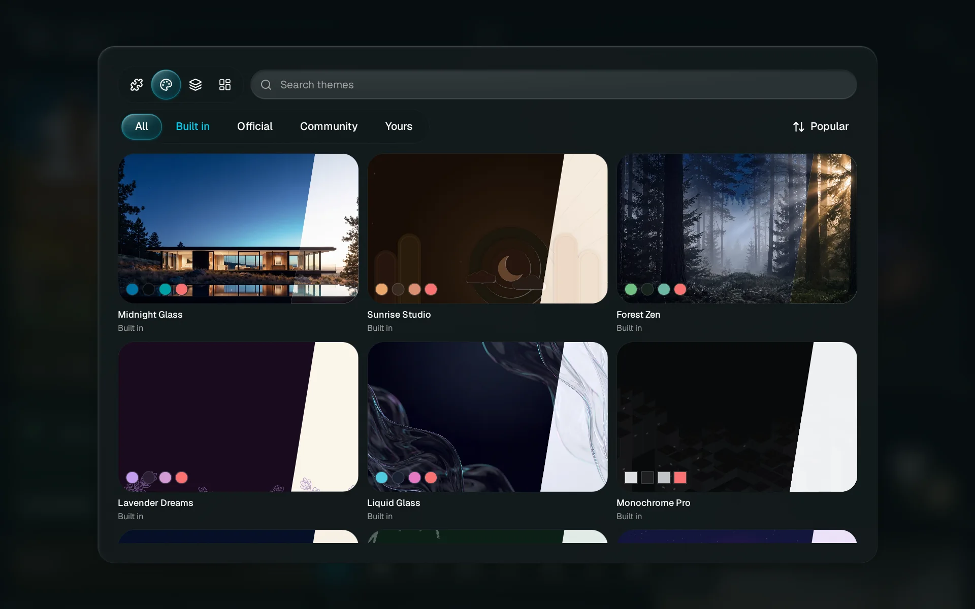 The Themes tab with the chips All, Built in, Official, Community and Yours above the theme grid