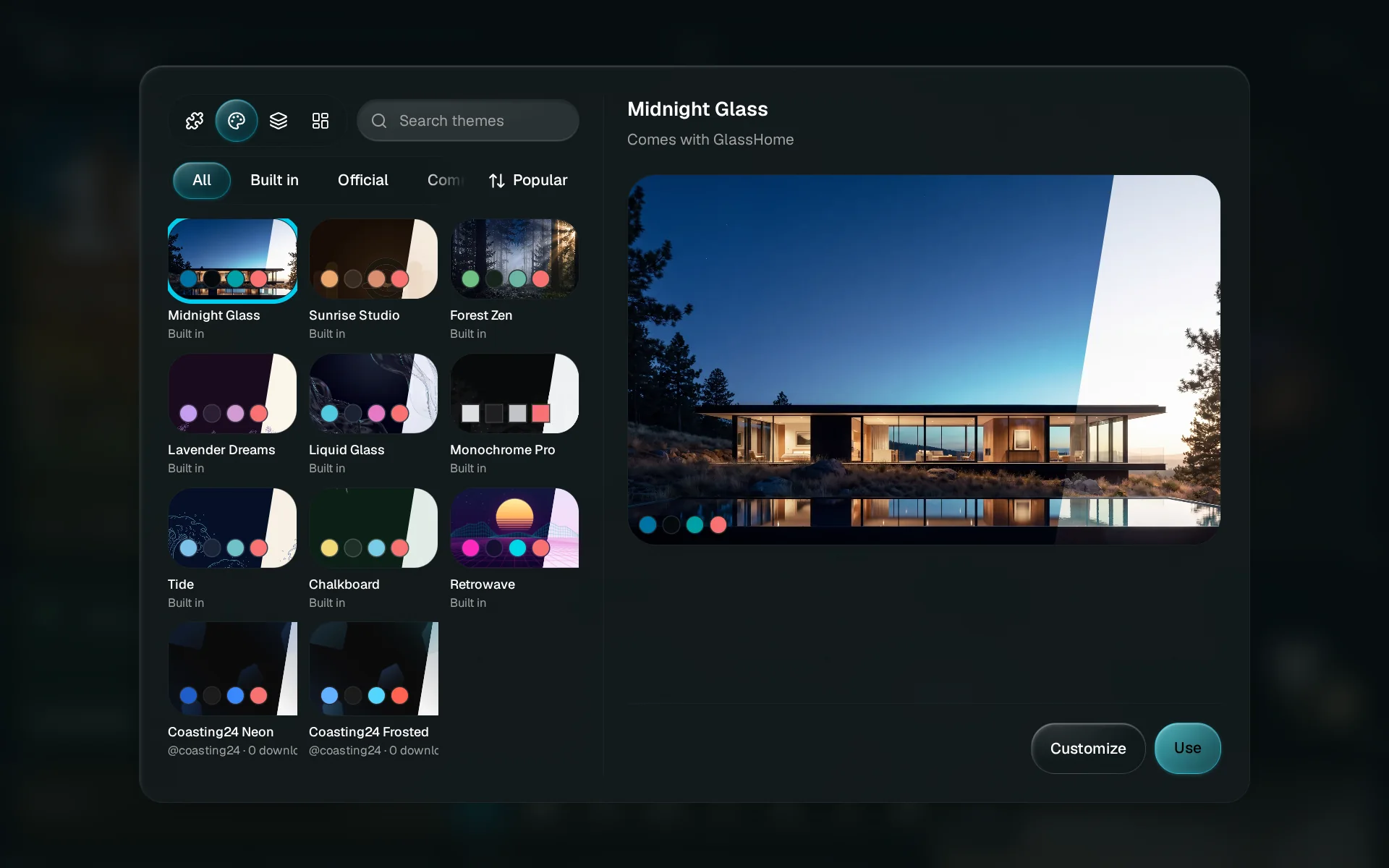 A built-in theme open in the browser, with Customize and Use at the bottom right