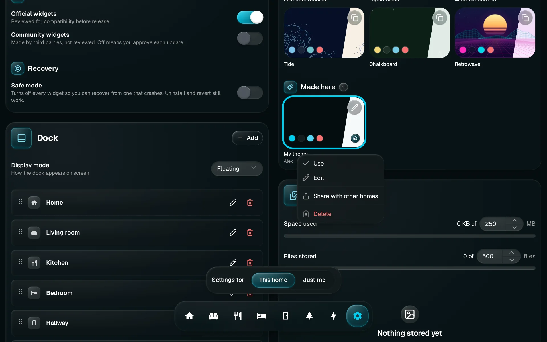 The menu of My theme open in Settings, with Share with other homes highlighted