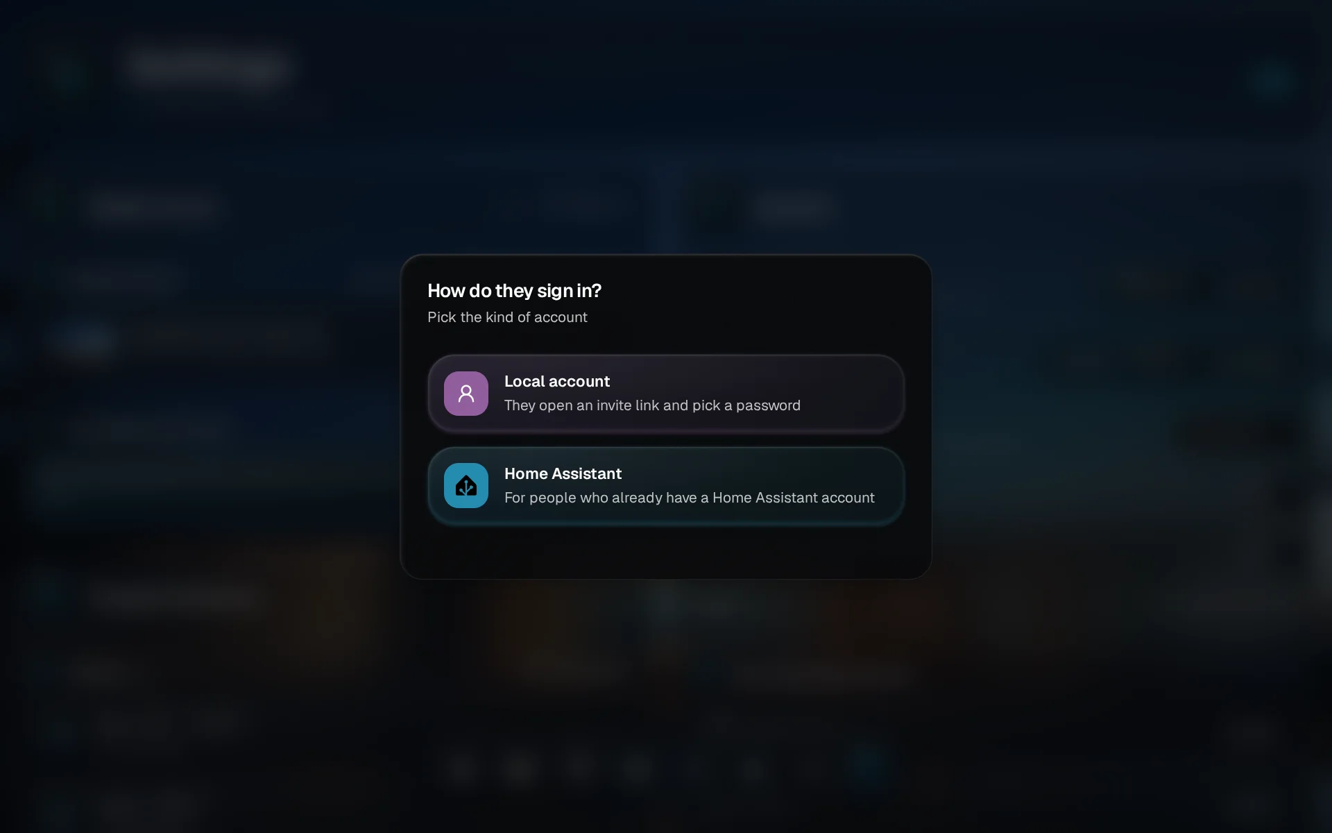 A dialog titled How do they sign in, with Local account highlighted above Home Assistant