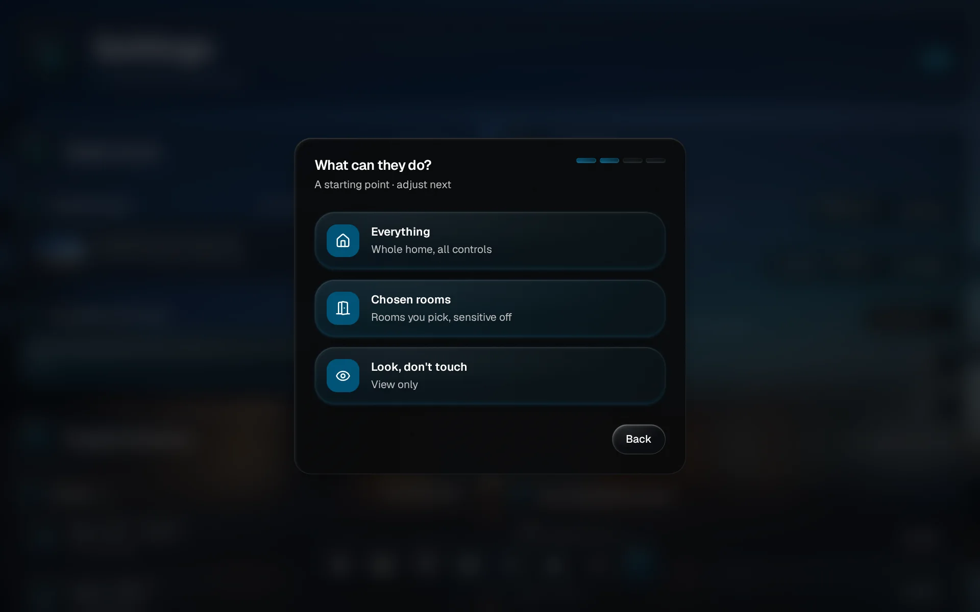 A dialog titled What can they do, with the options Everything, Chosen rooms and Look, don't touch; Chosen rooms is highlighted