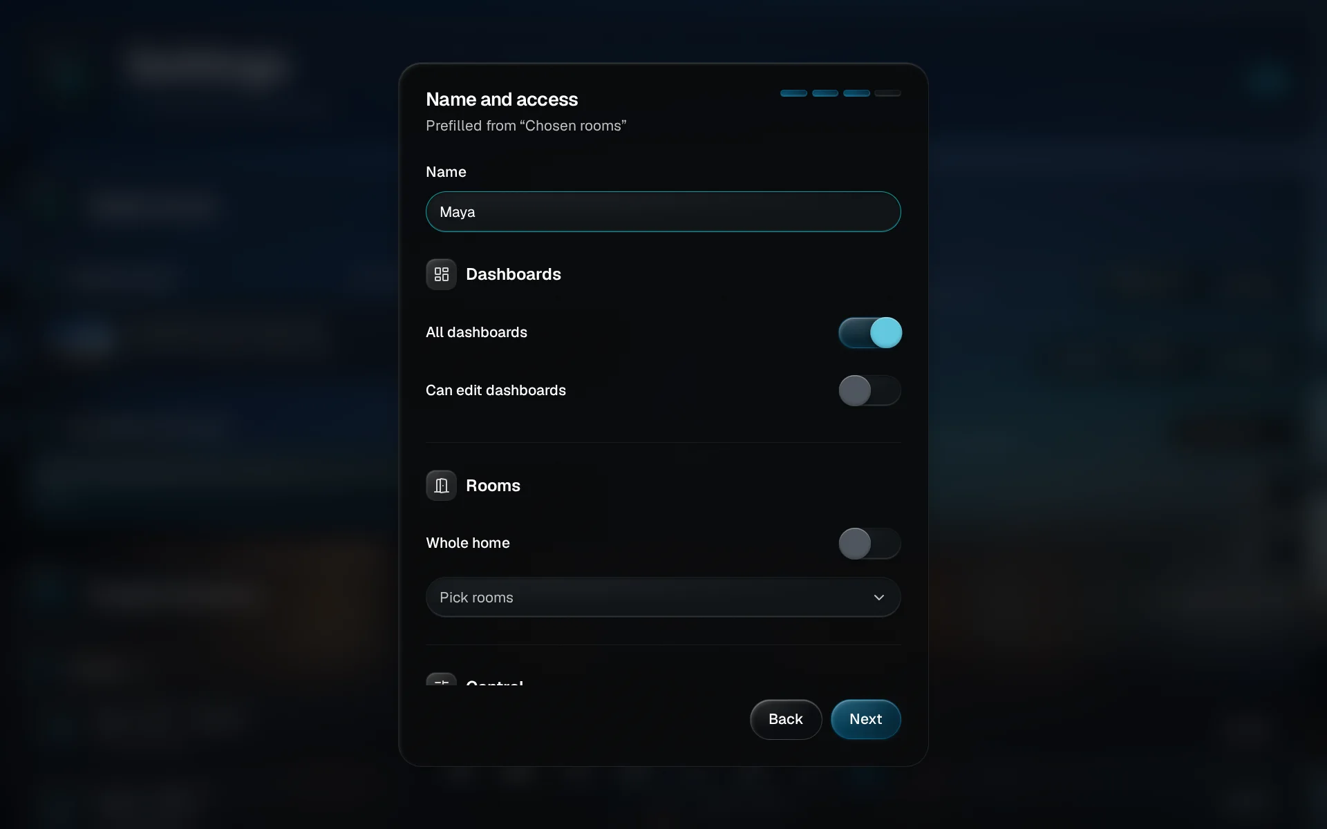 The Name and access step with the name Maya typed in, prefilled from Chosen rooms, and All dashboards switched on