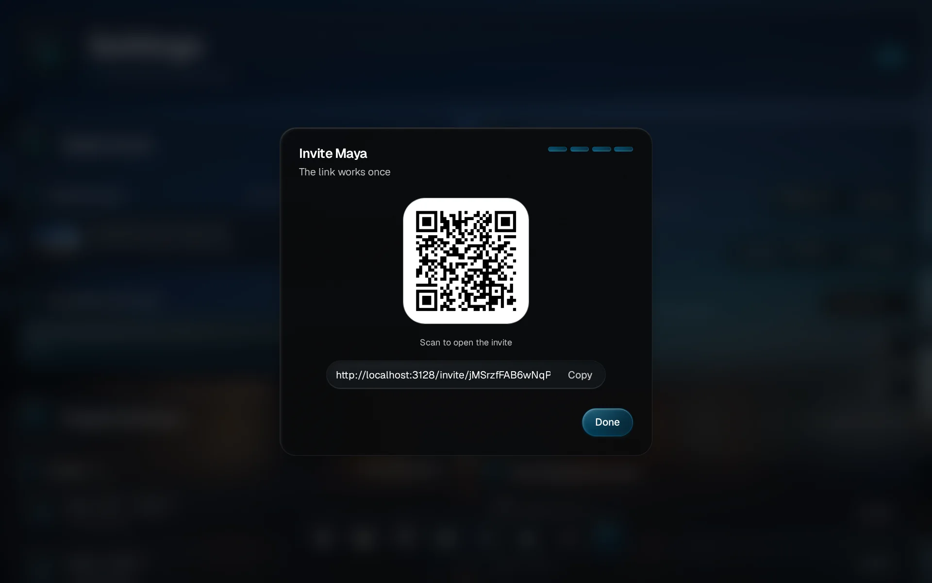 A dialog titled Invite Maya with a QR code, the invite link in a field, and a Copy button highlighted