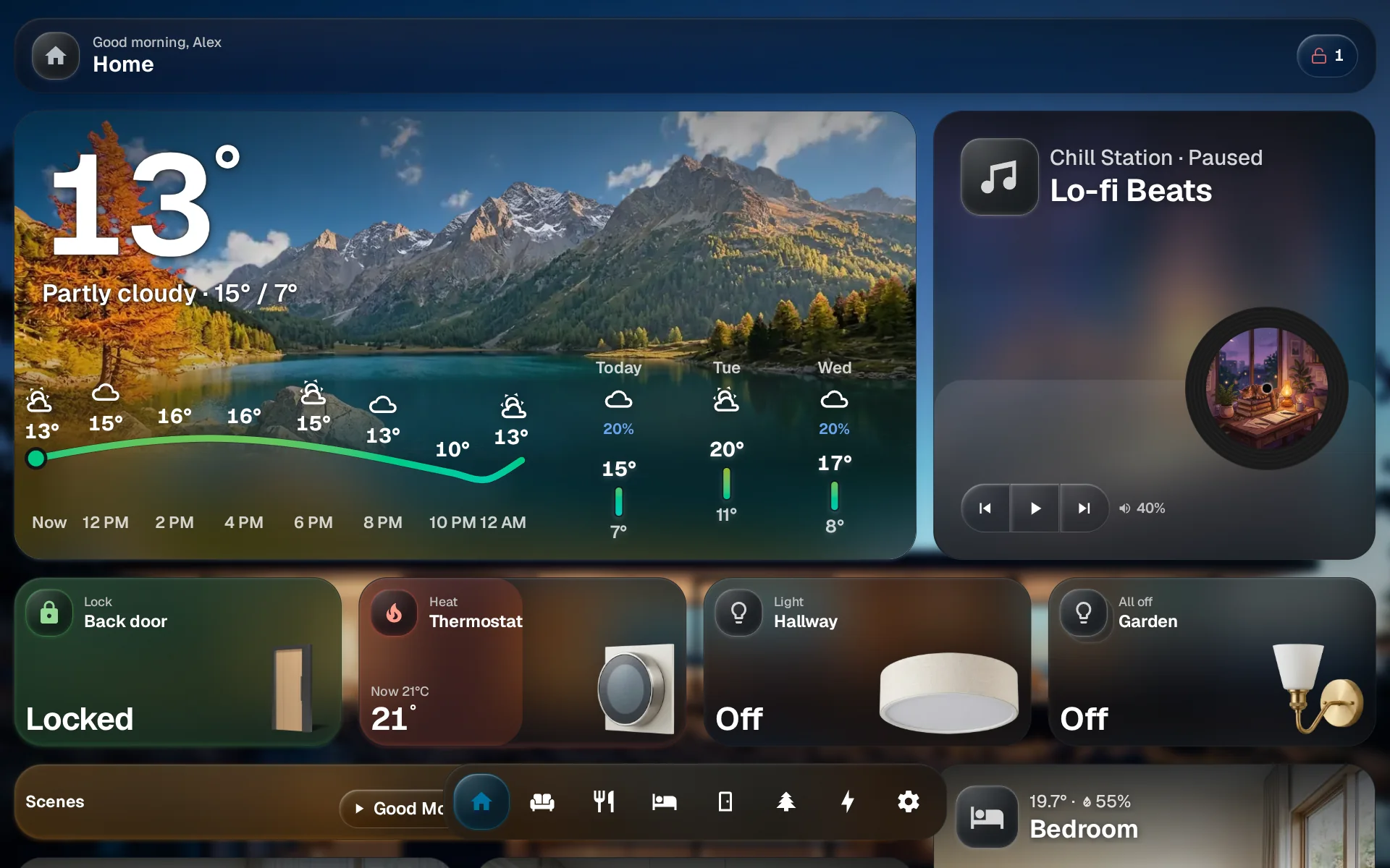 A GlassHome home dashboard with the Settings gear highlighted in the dock at the bottom