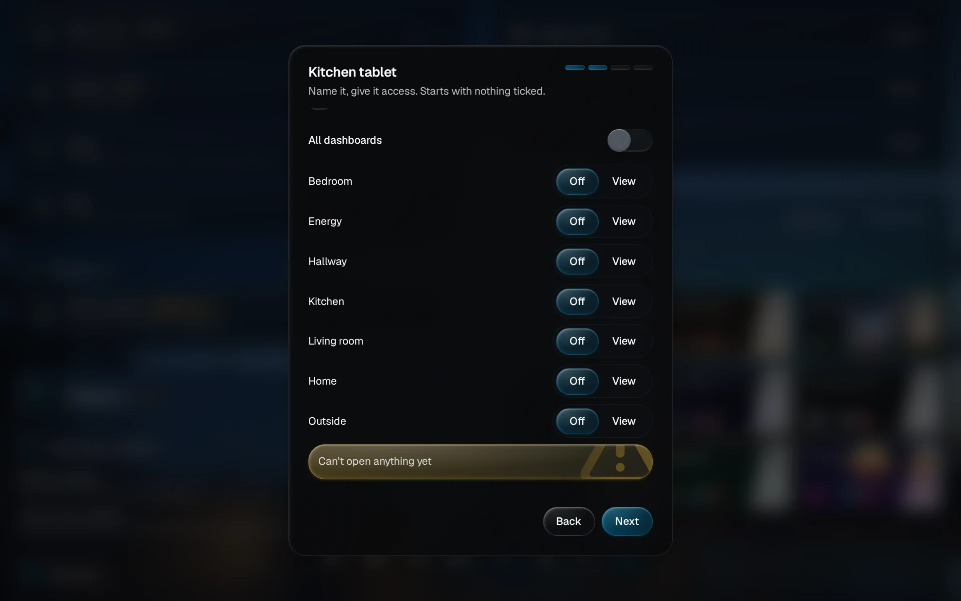 The Kitchen tablet setup step with a Dashboards list; Home is set to View, the others to Off