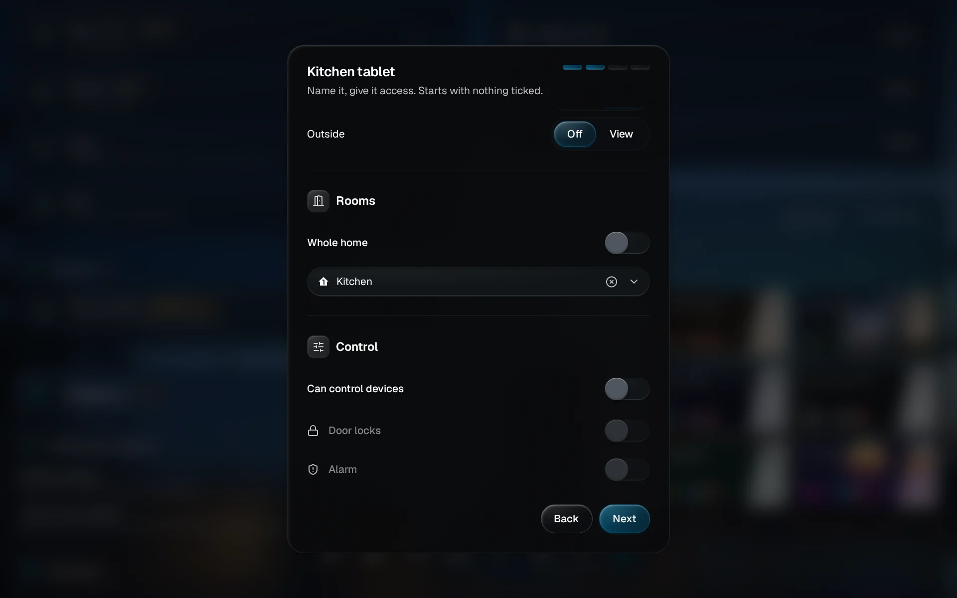 The Rooms section of the tablet's setup, with Whole home off and Kitchen chosen in the room picker