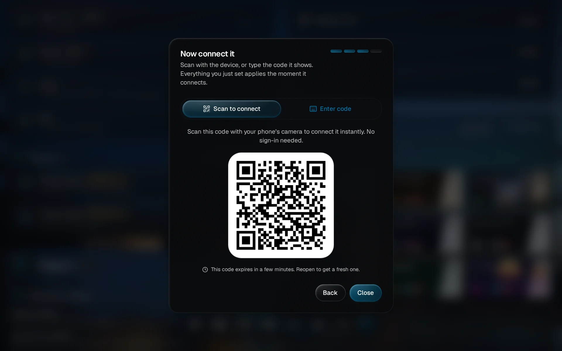 The Now connect it step showing a QR code, with the Enter code tab highlighted