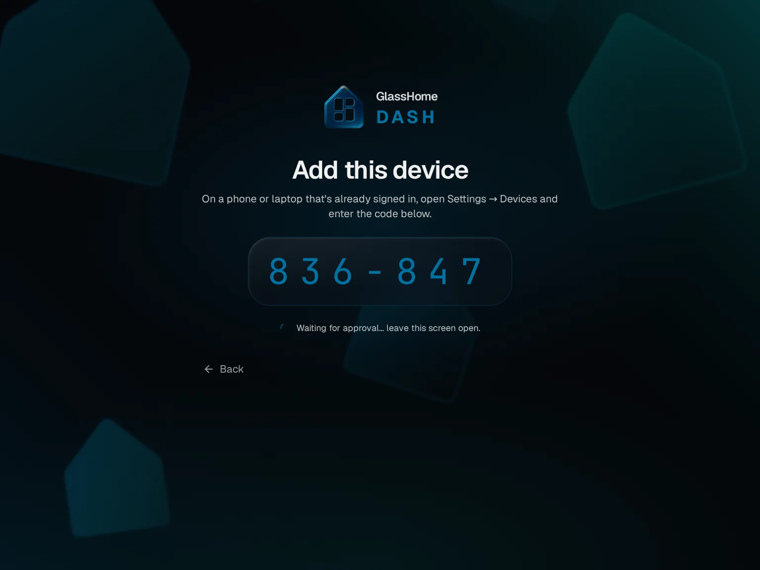 The tablet showing Add this device with a six-digit code, 472-863, and Waiting for approval underneath