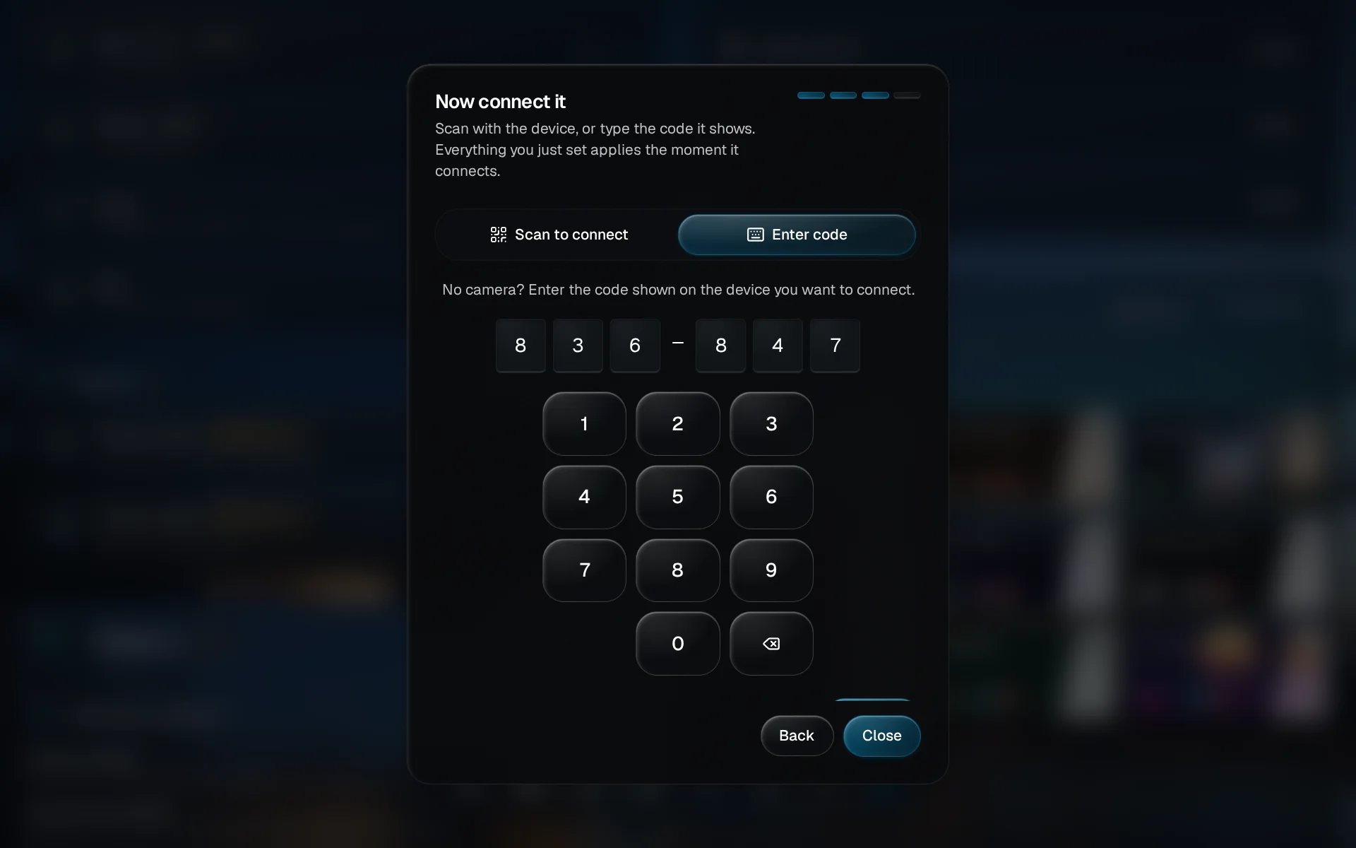 The Enter code keypad on the computer with the six digits 472-863 filled in