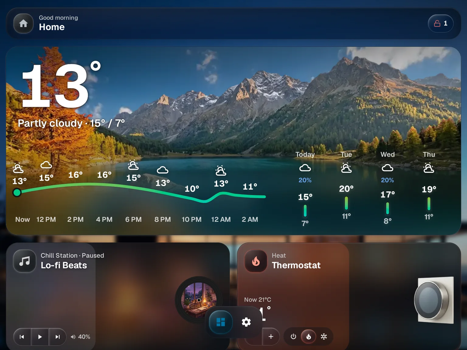 The tablet now showing a GlassHome dashboard with a clock, music, weather and room widgets
