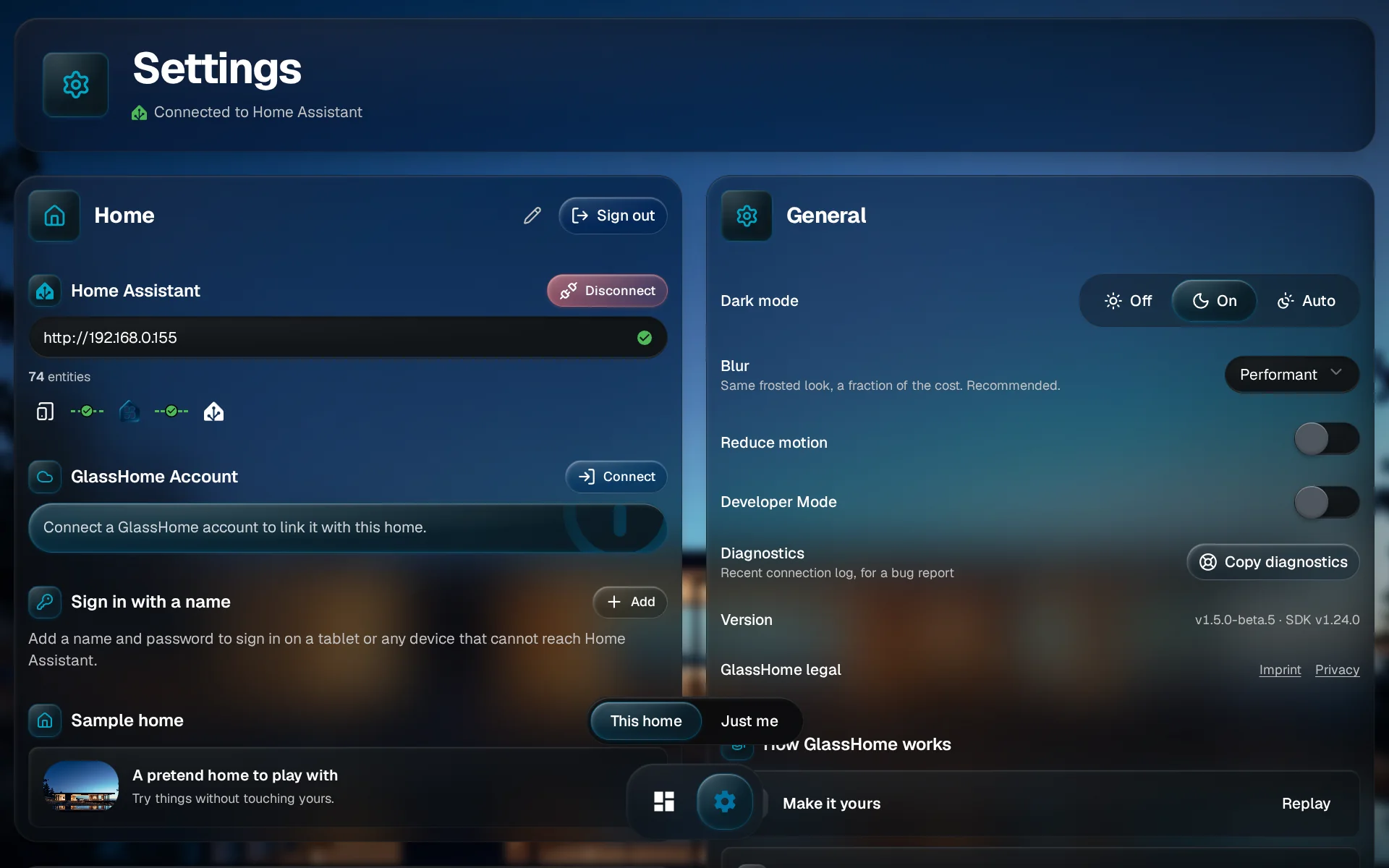 The GlassHome Account panel in Settings saying Connect a GlassHome account to link it with this home, with the Connect button highlighted