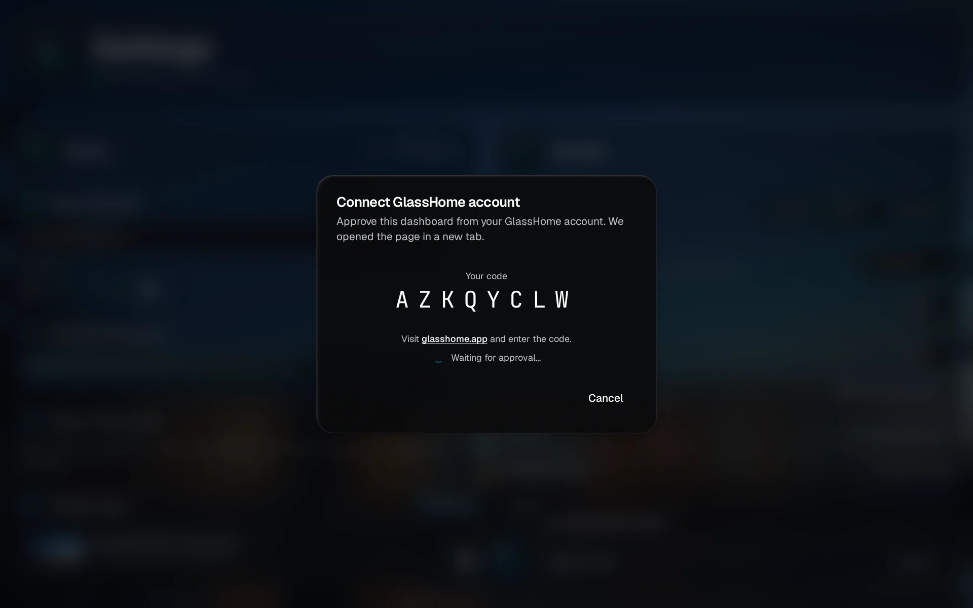 The Connect GlassHome account dialog with Your code in large letters and Waiting for approval under it
