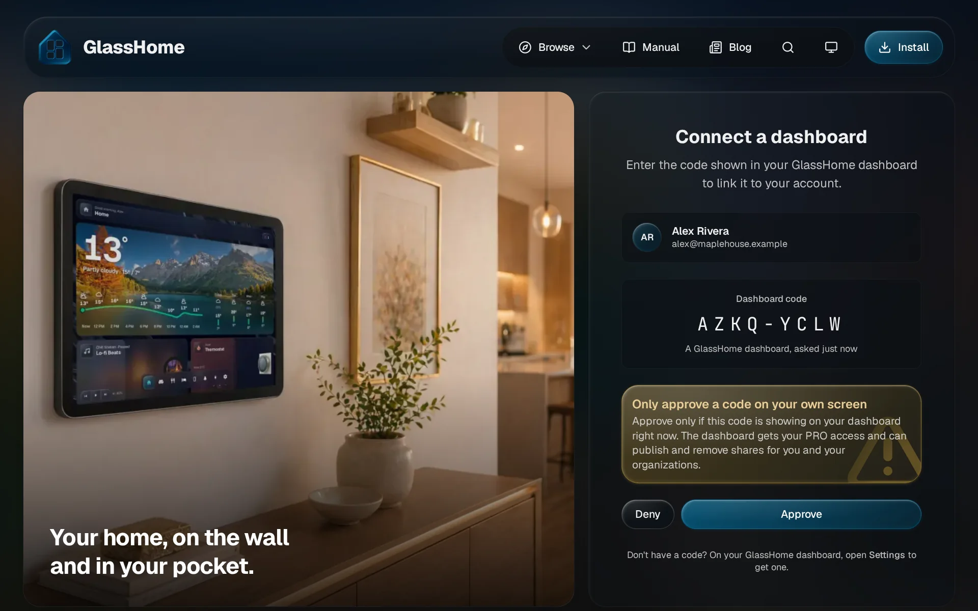 The Connect a dashboard page on glasshome.app showing the signed-in account, the dashboard code and the Approve button highlighted