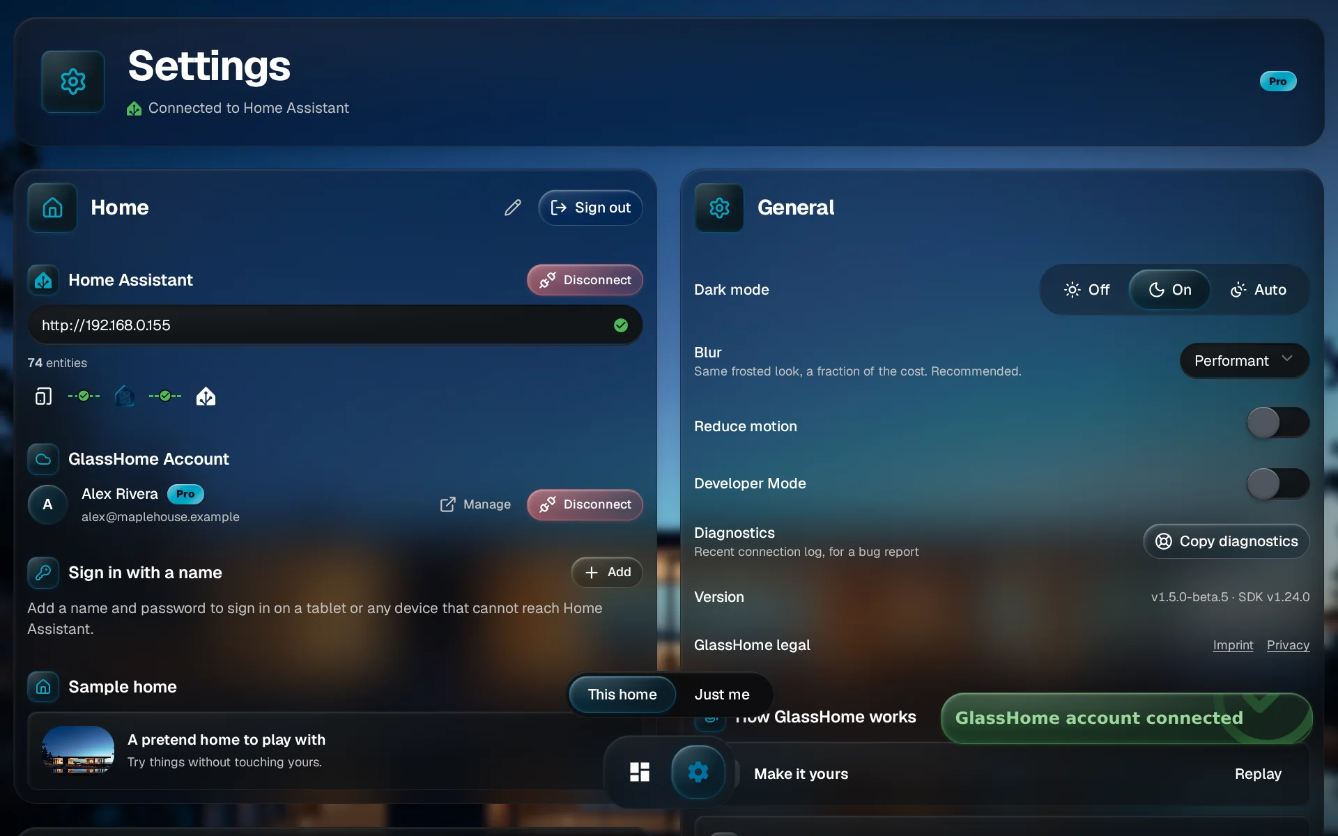 The GlassHome Account panel showing the linked account's name and email with the Pro badge