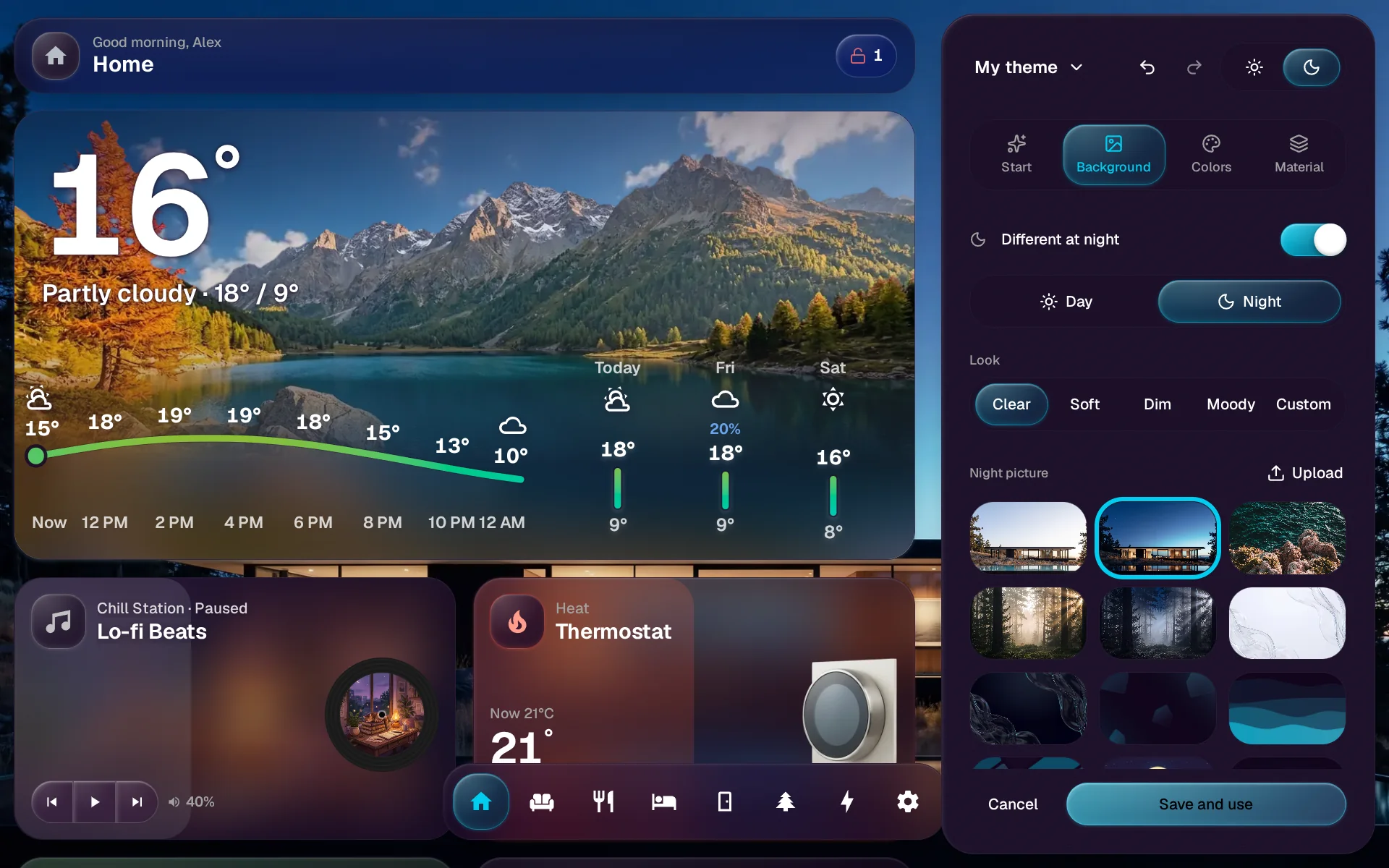 The Background tab with Different at night switched on and the Night picture row below it