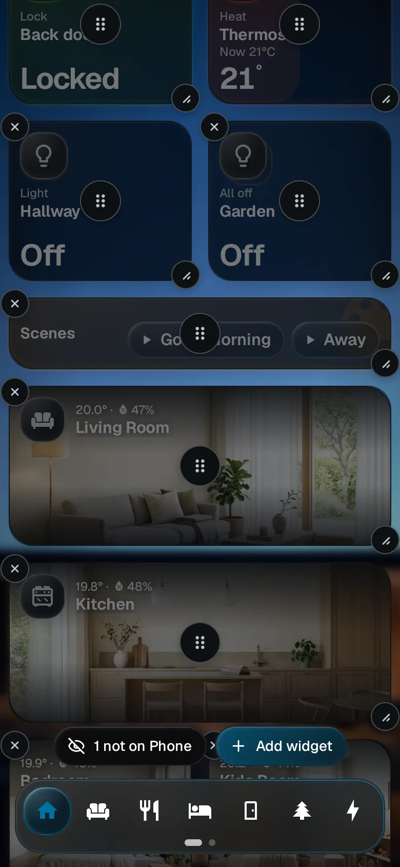 The phone in edit mode with the 1 not on Phone button and the Add widget button above the dock