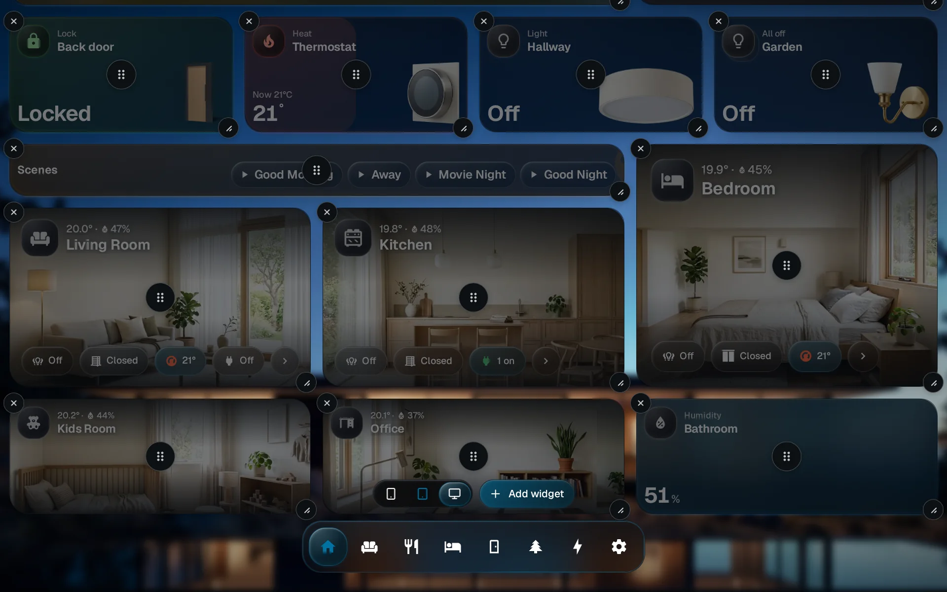 Edit mode on the desktop with the screen-size buttons beside Add widget, the desktop size selected
