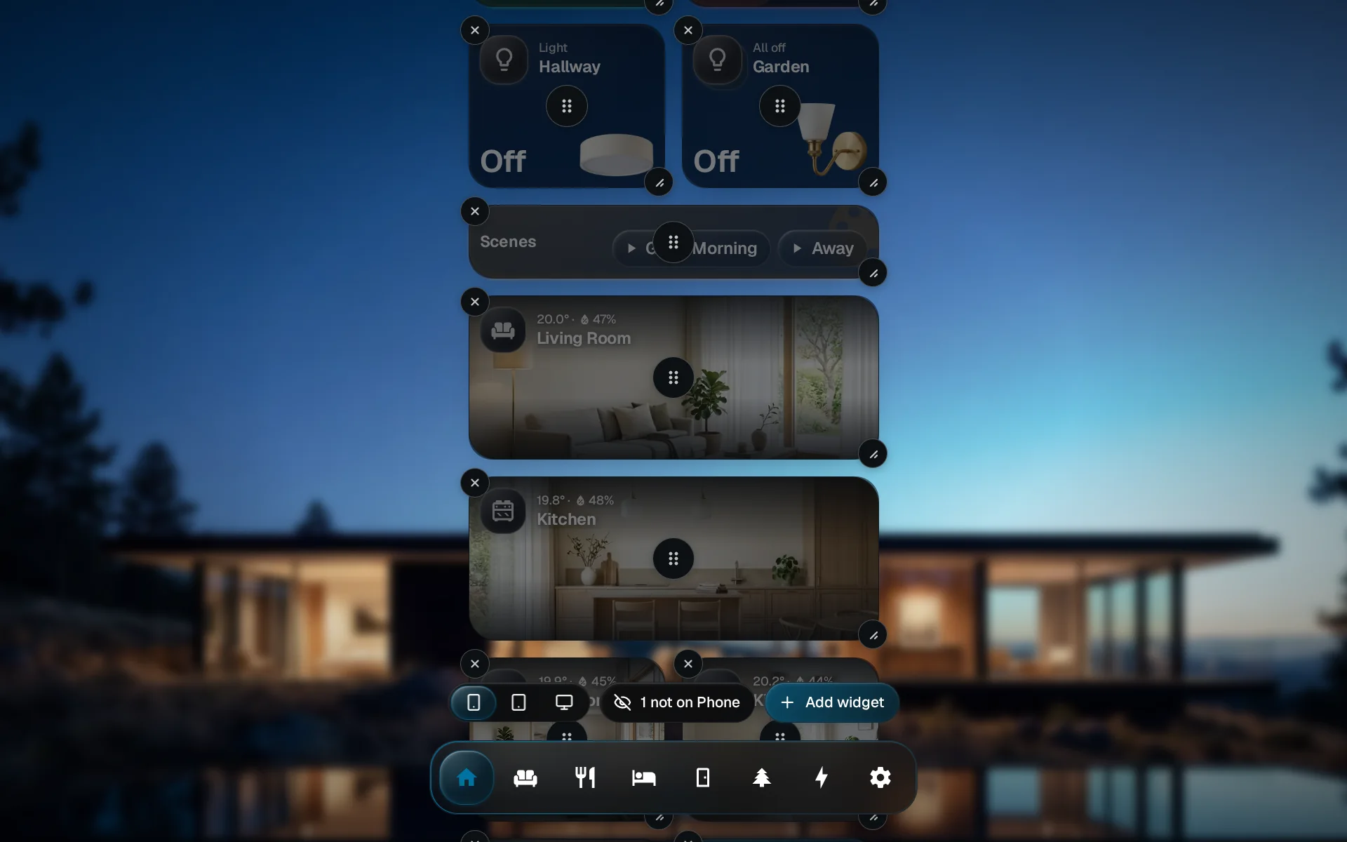 The phone size selected in edit mode, with the 1 not on Phone button beside Add widget