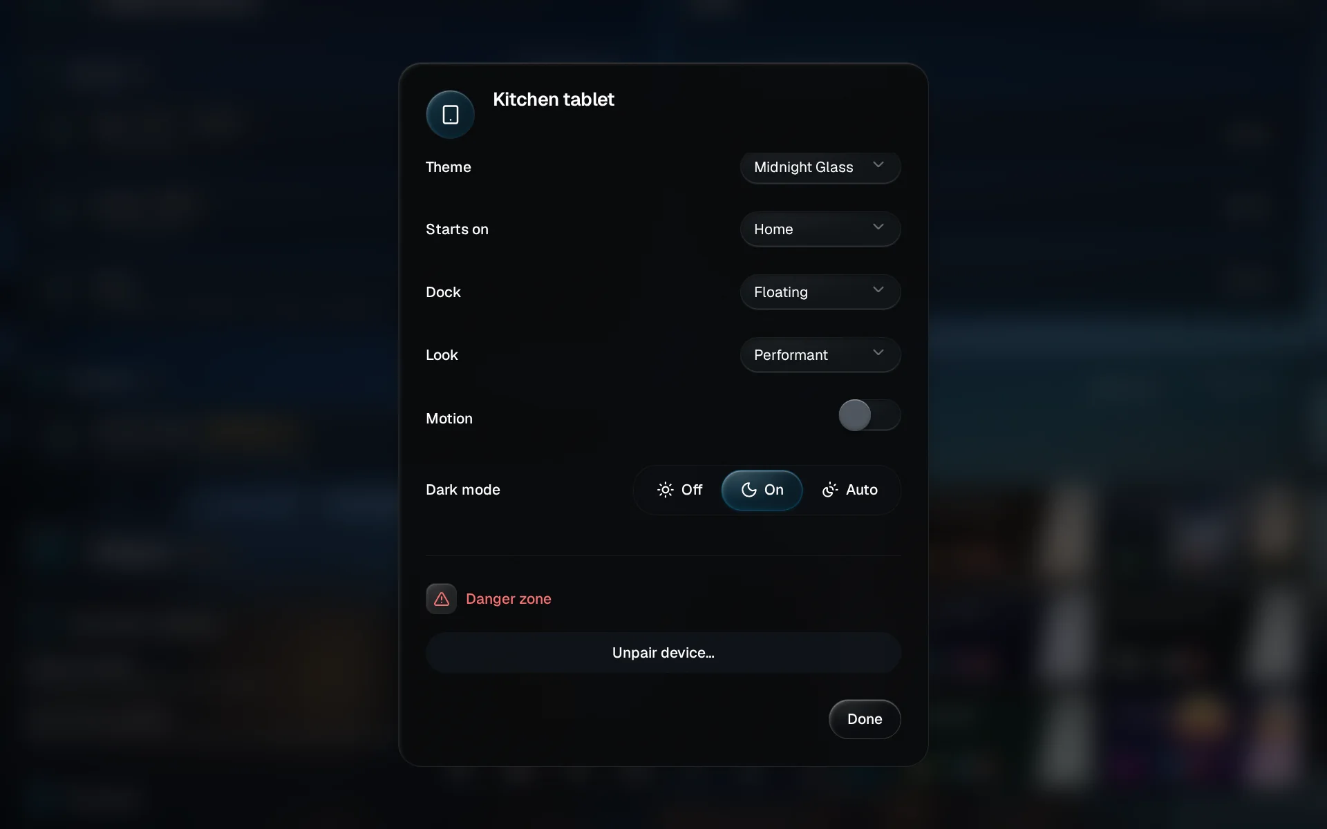 The Kitchen tablet's card scrolled to the Danger zone, with Unpair device highlighted