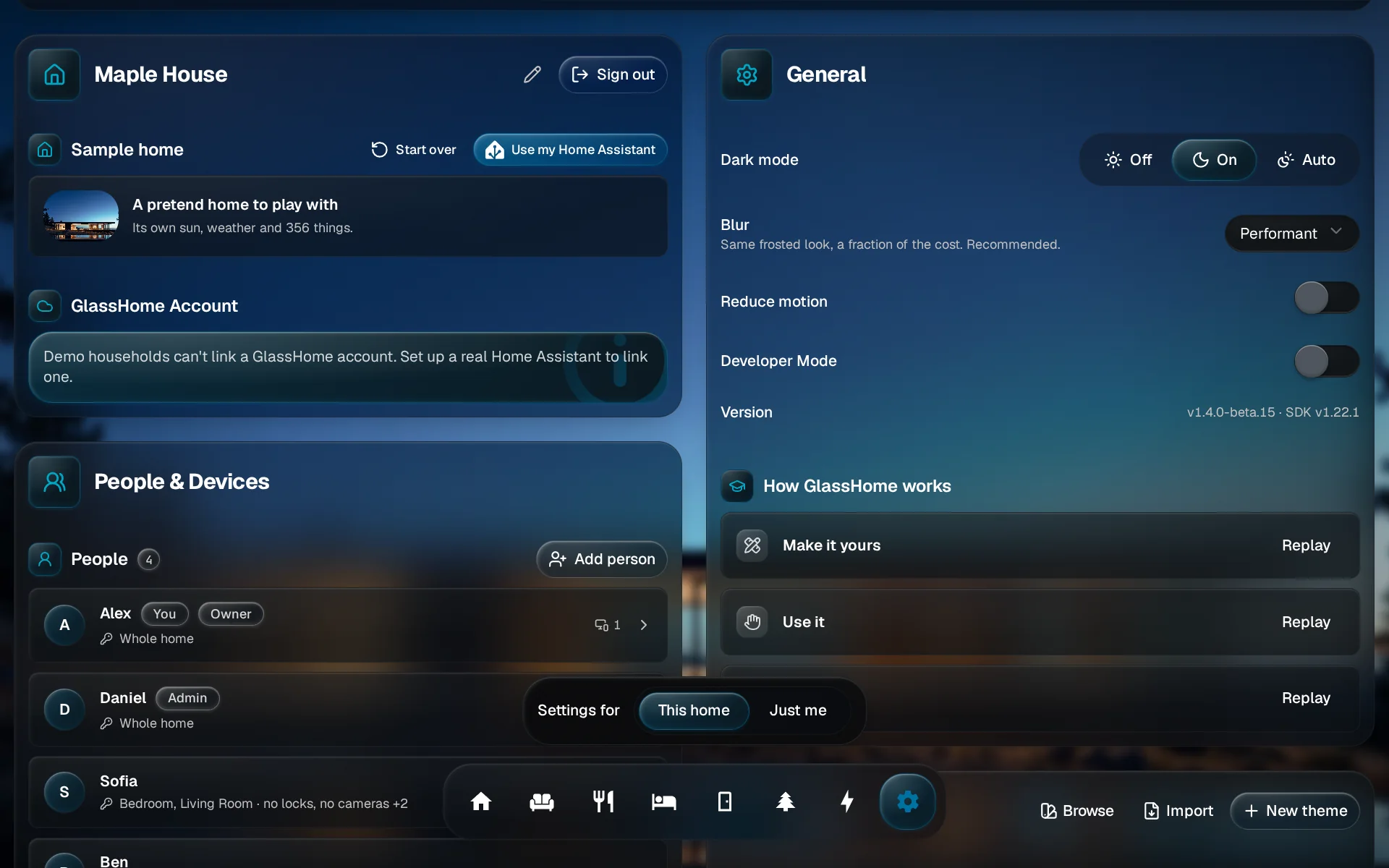 The General section in Settings, with Dark mode, Blur, Developer Mode and the Version row