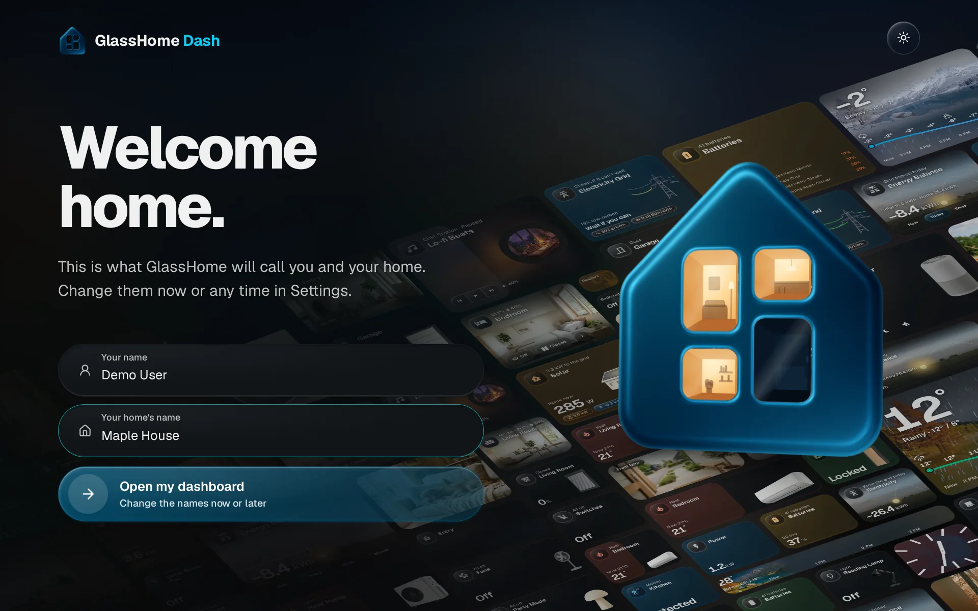 The Welcome home screen with Your name and Your home's name filled in and Open my dashboard below them