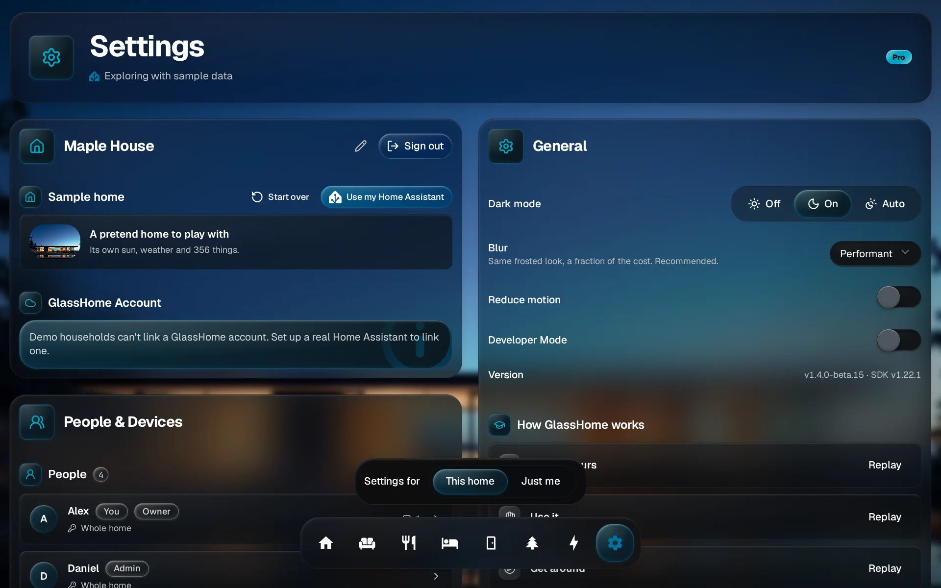 Settings with the card named after the home at the top of the left column