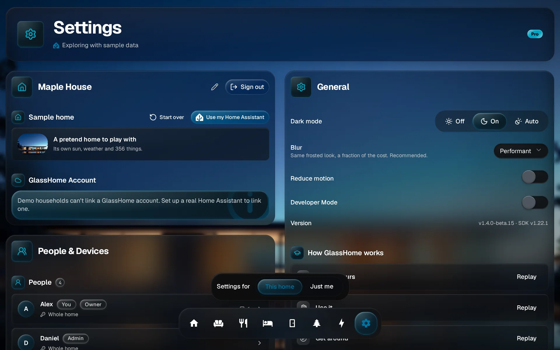 The Settings page with the Settings for bar above the dock and This home selected