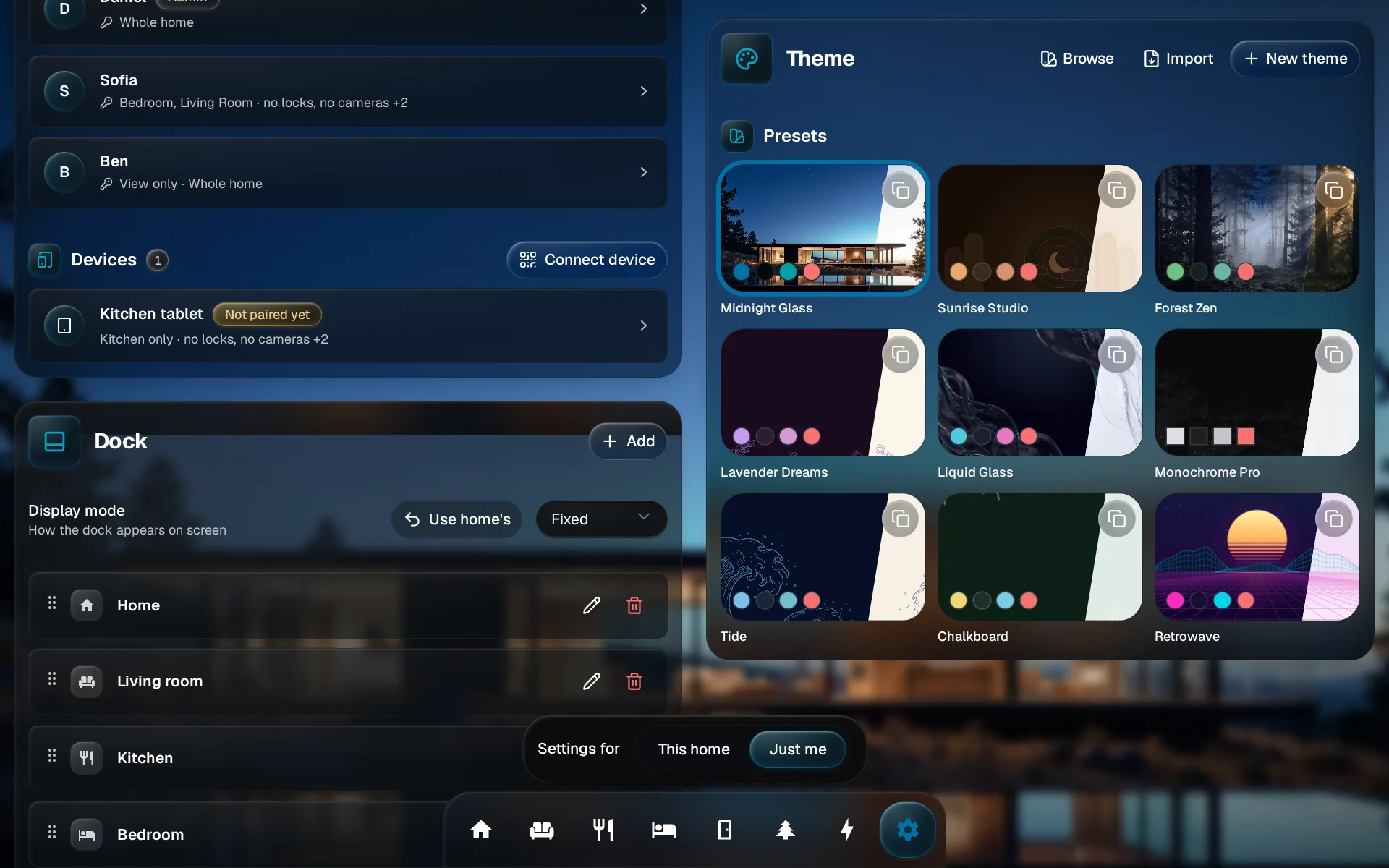 The Display mode row in the Dock section, with the Use home's button beside the Fixed value