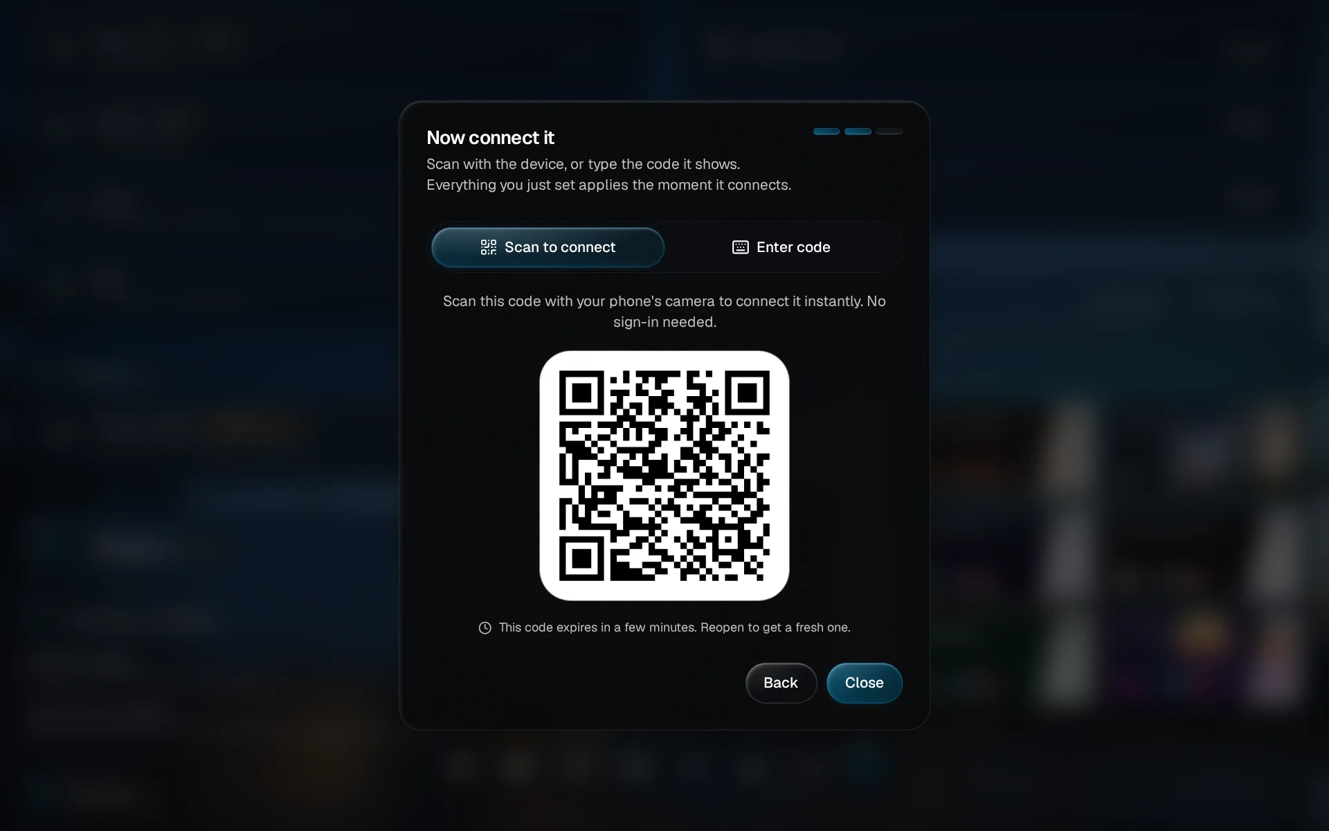The Now connect it step with a large QR code highlighted under Scan to connect