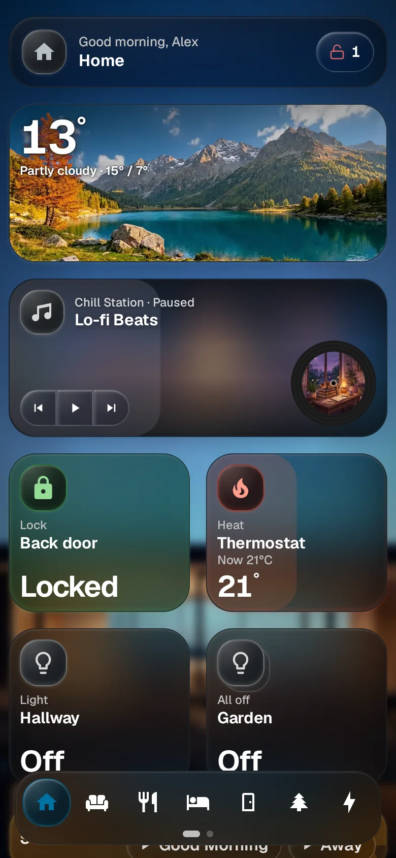 A phone showing the Home dashboard greeting Alex, with a clock, music and Living Room widgets