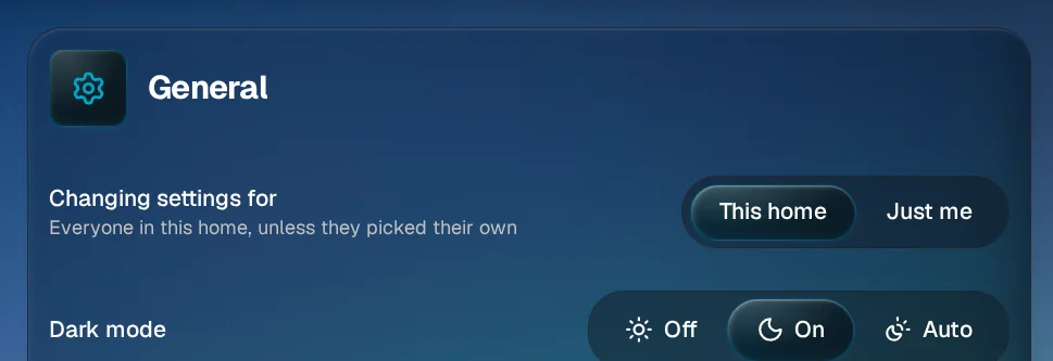 Settings, General: the Dark mode switch with Off, On and Auto