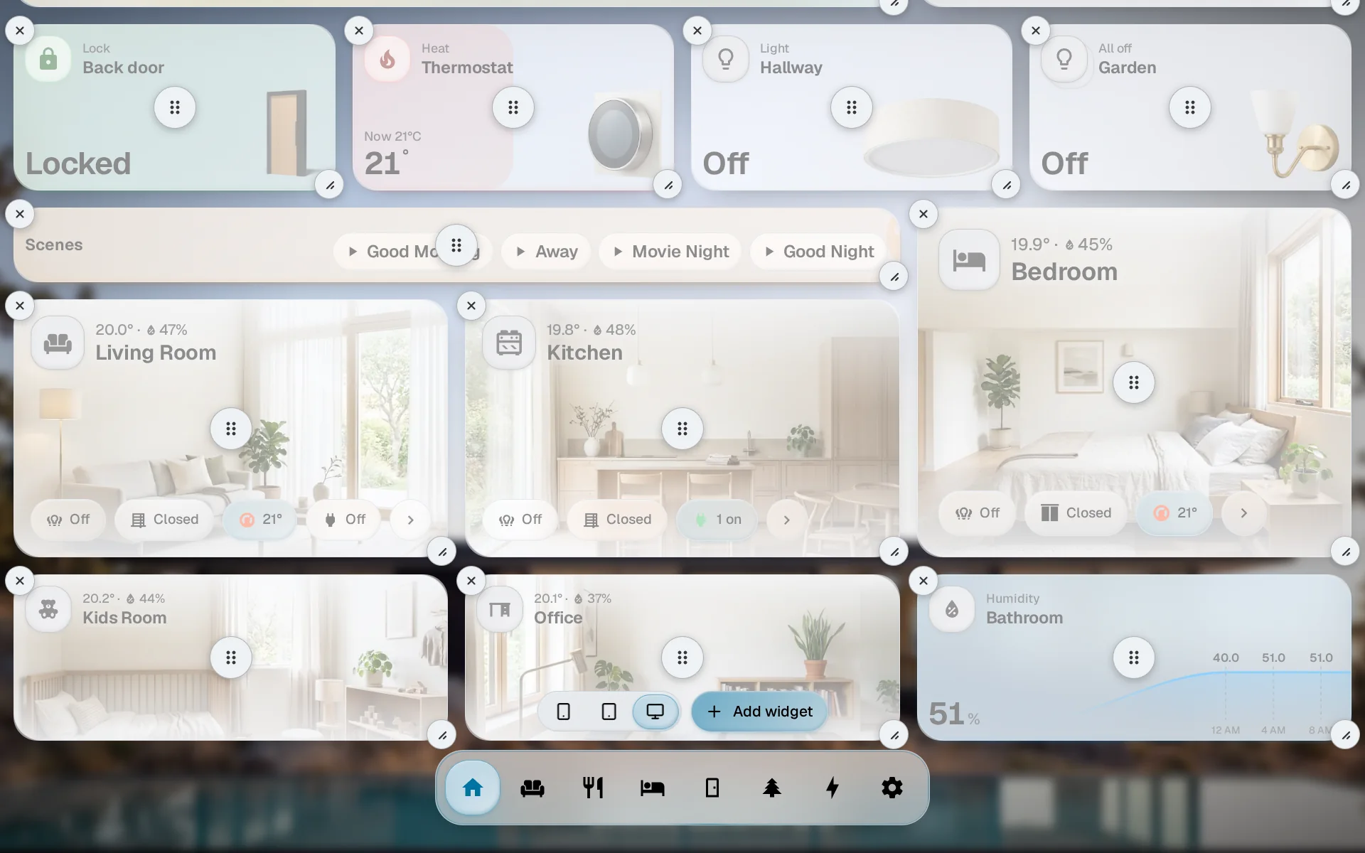 A dashboard in edit mode: every widget shows a grip in the middle, a resize handle at the corner and an X