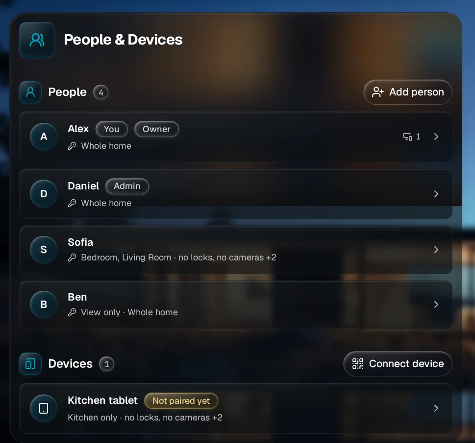 Settings, People & Devices: four people with their roles and a tablet waiting to be paired