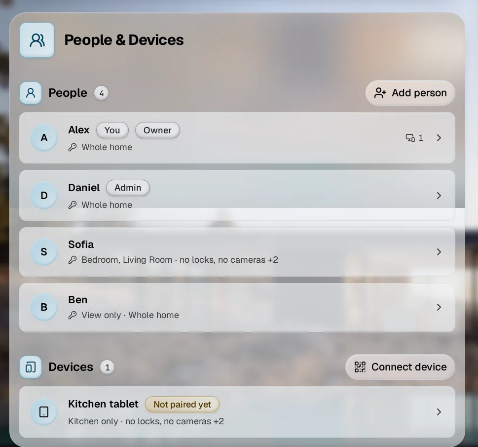 Settings, People & Devices: four people with their roles and a tablet waiting to be paired