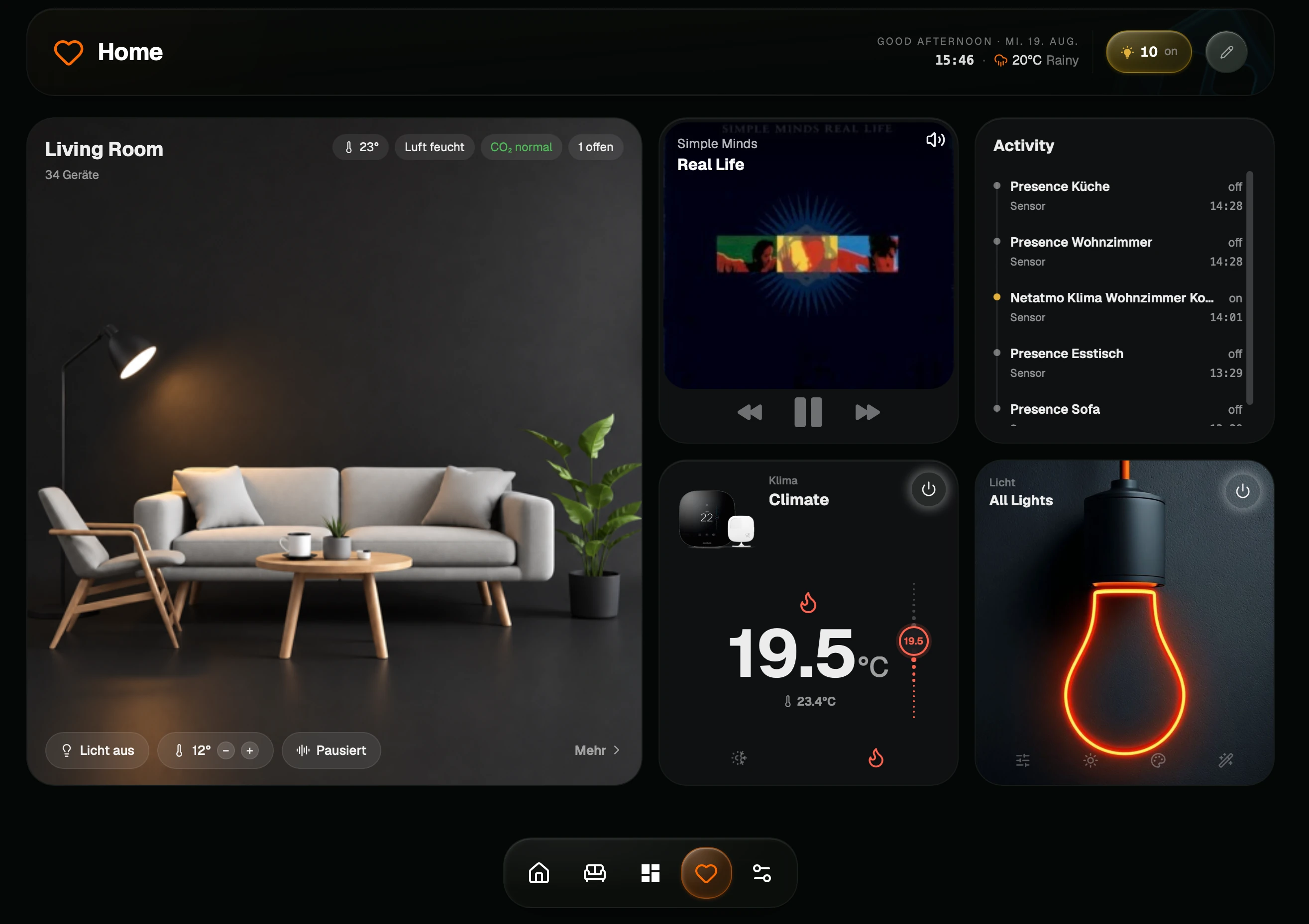 A GlassHome dashboard built by a community member: living room area with a sofa photo, a media player, an activity feed, climate at 19.5 degrees and an all-lights control