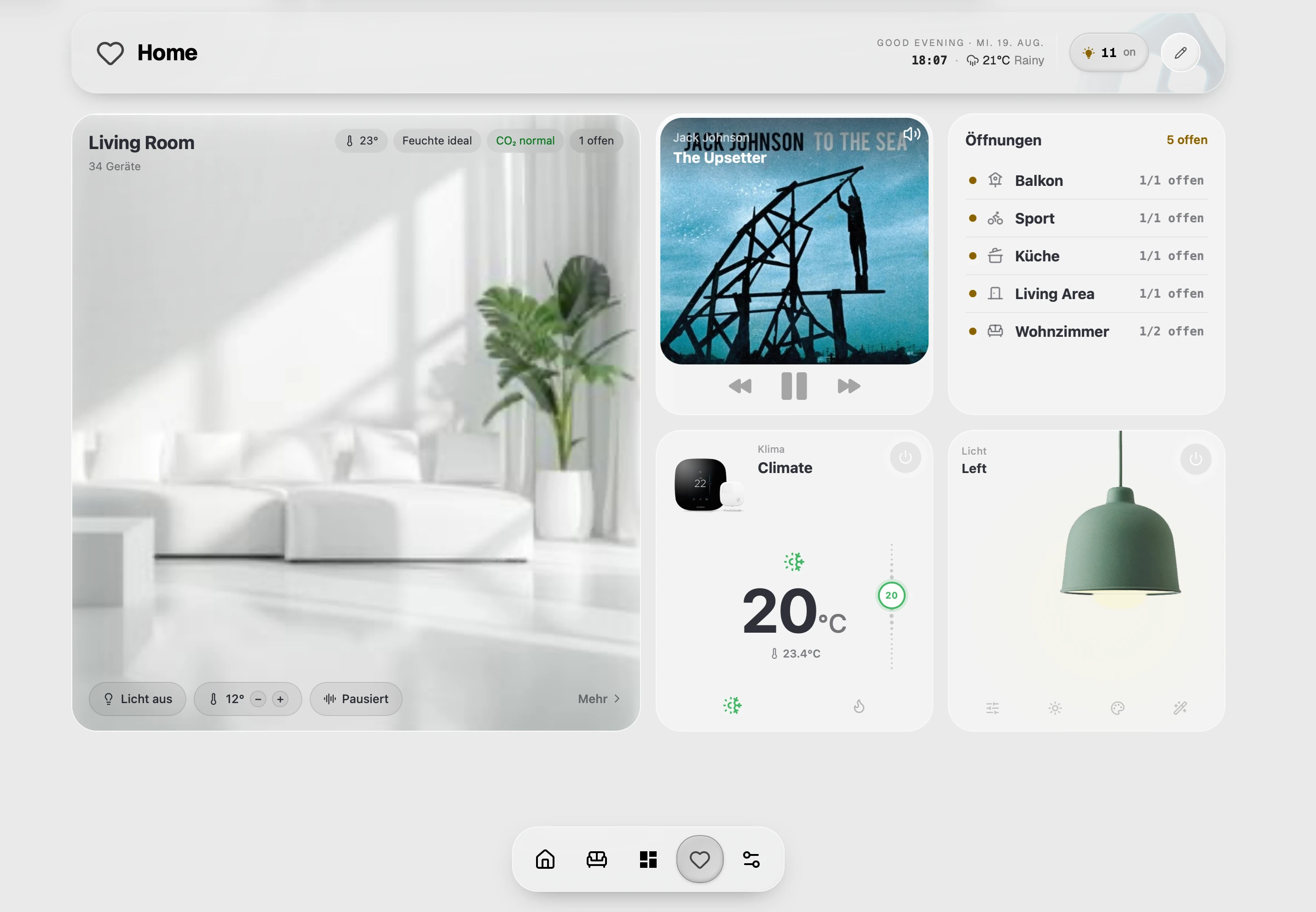 The same community GlassHome dashboard in light mode, with an openings list showing which doors and windows are open