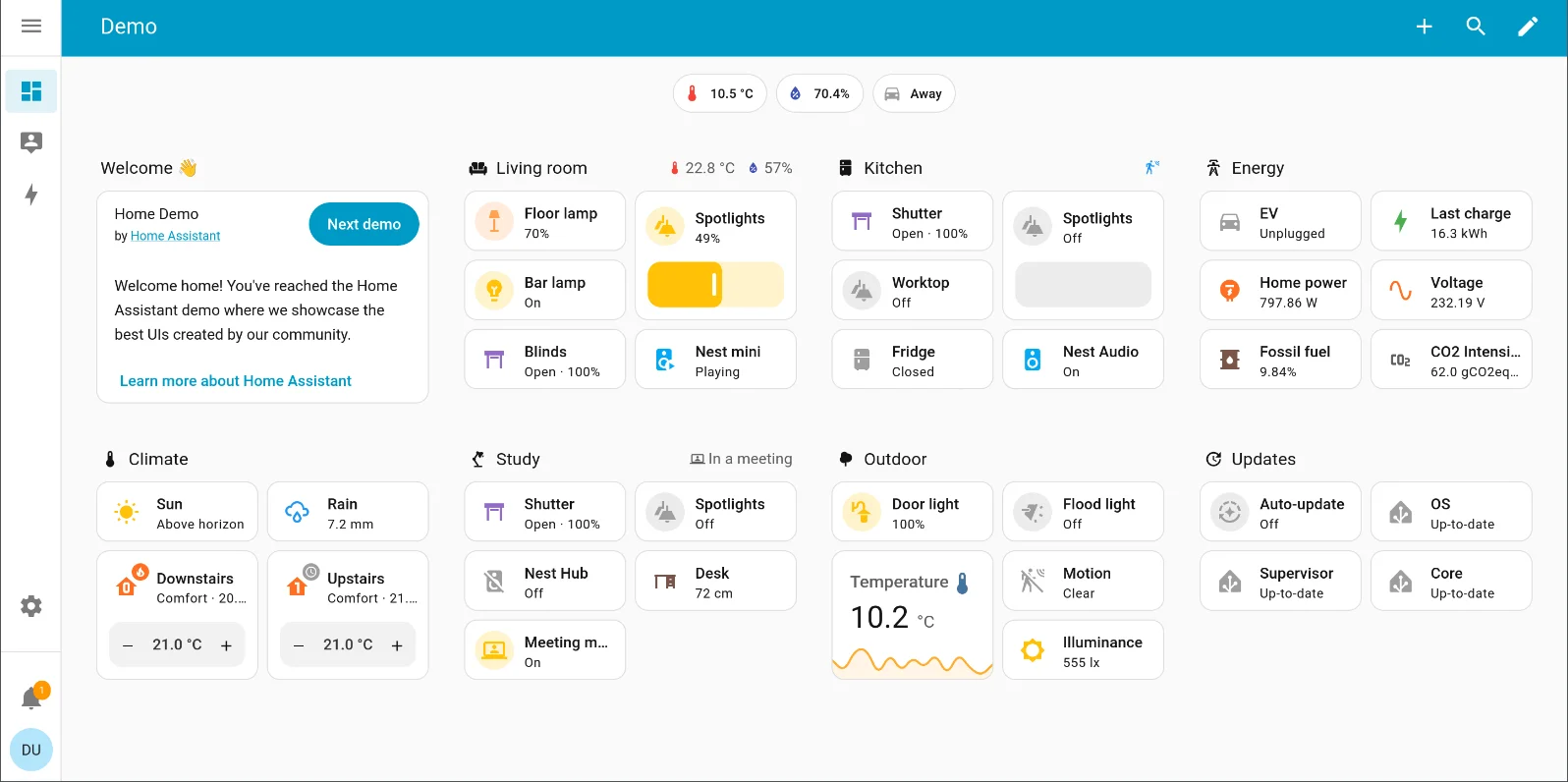 The default Home Assistant dashboard on desktop, built with the native Lovelace UI