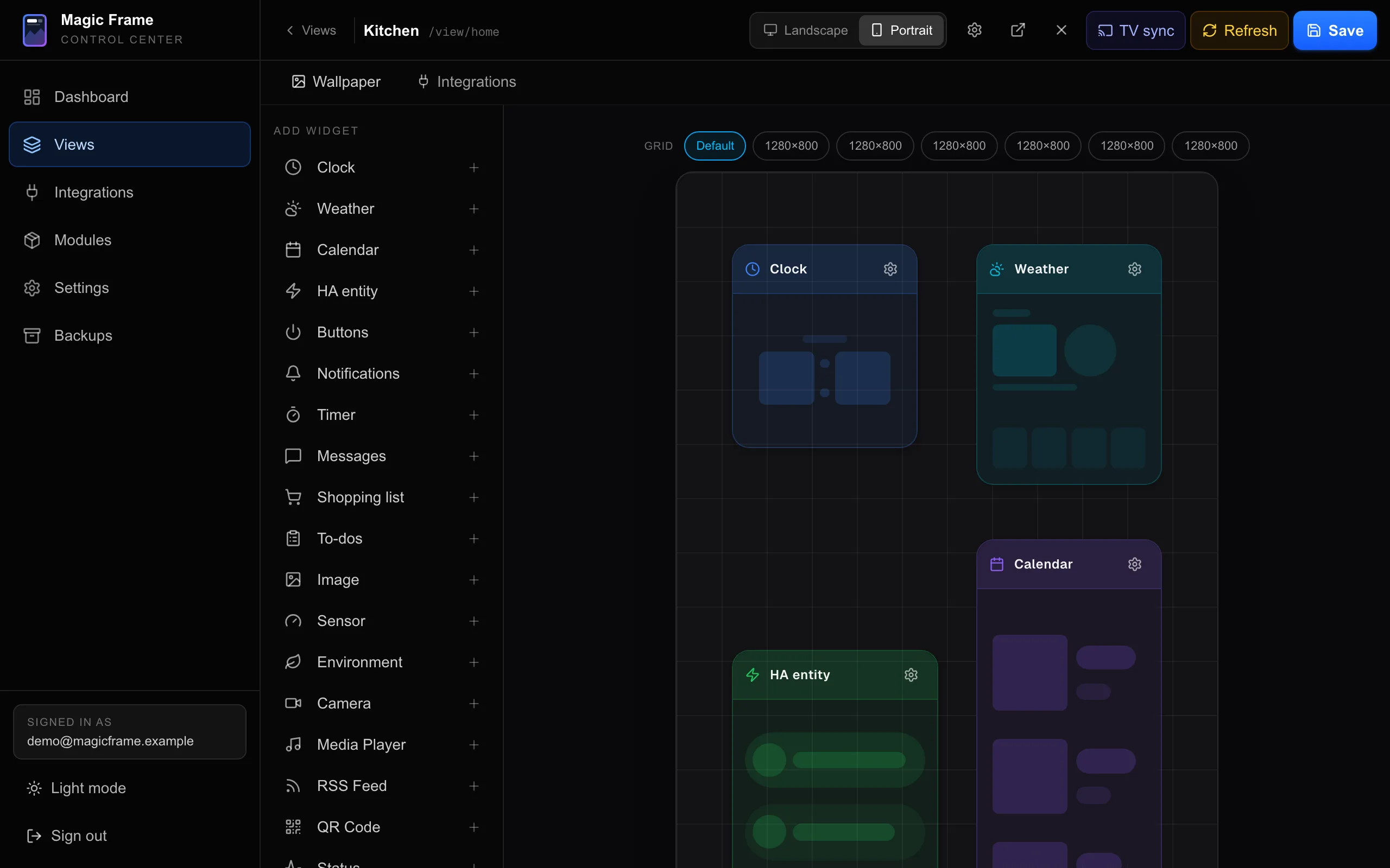 The Magic Frame view editor with its widget palette and drag-and-drop grid