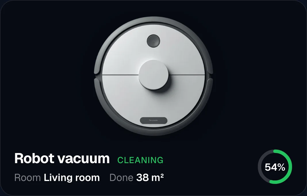 A Magic Frame status card for a robot vacuum, showing room and cleaning progress