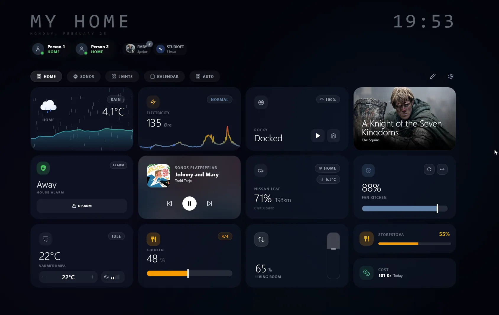 Tunet cards for weather, electricity pricing, alarm, vacuum, media and room climate