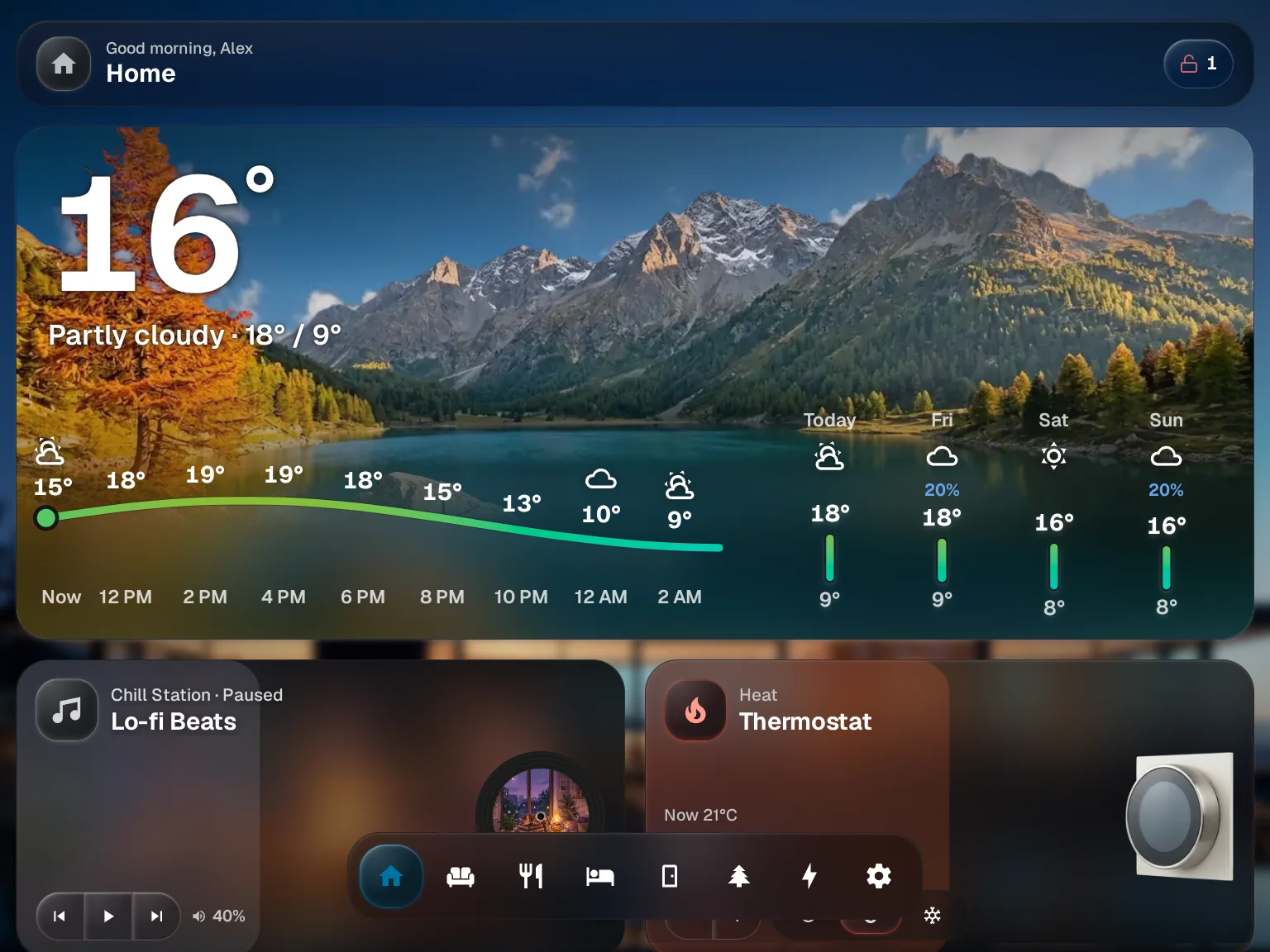 GlassHome in Midnight Glass, dark mode
