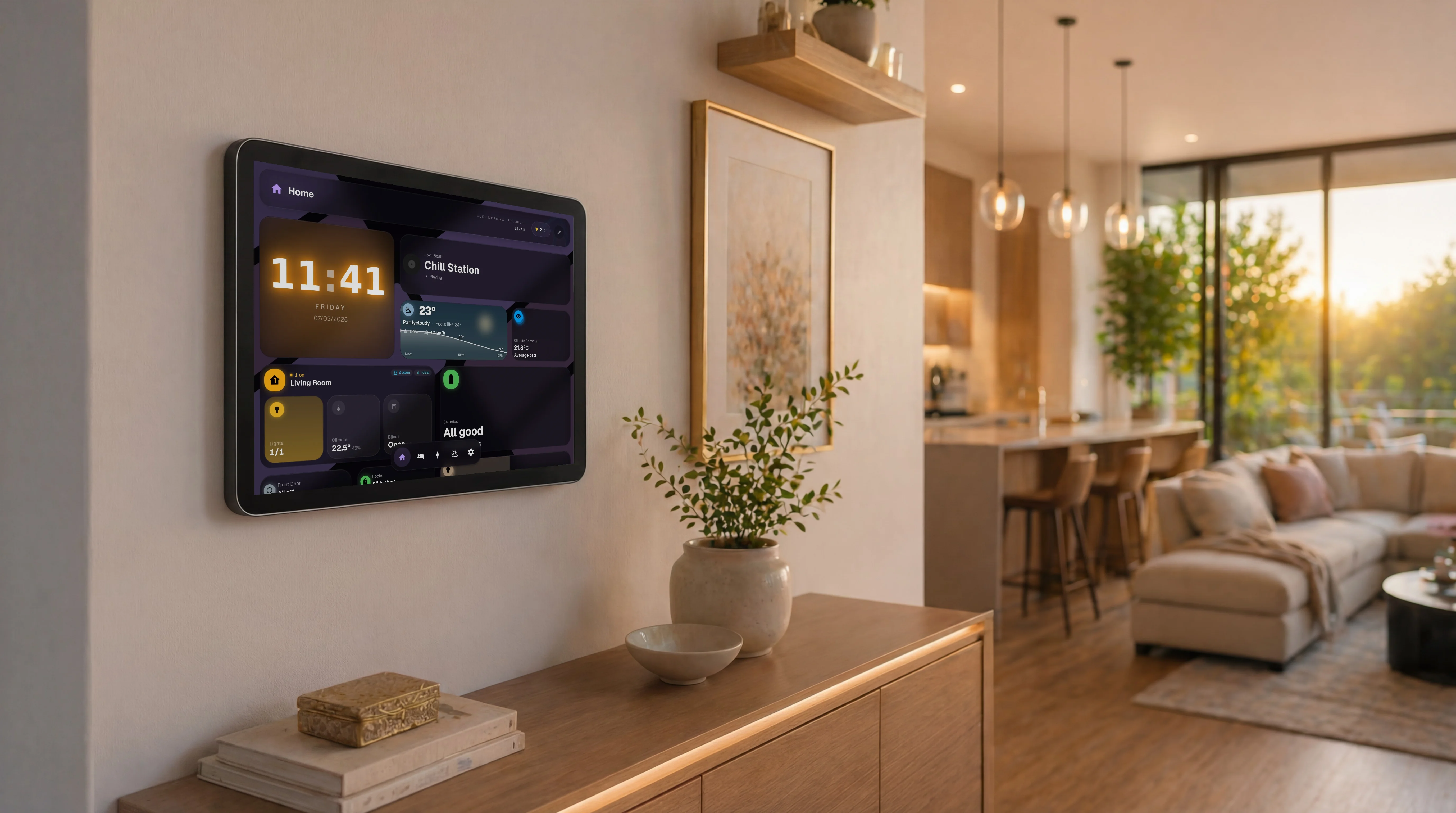 GlassHome dashboard, Lavender Dreams theme, on a wall-mounted tablet in a modern living room