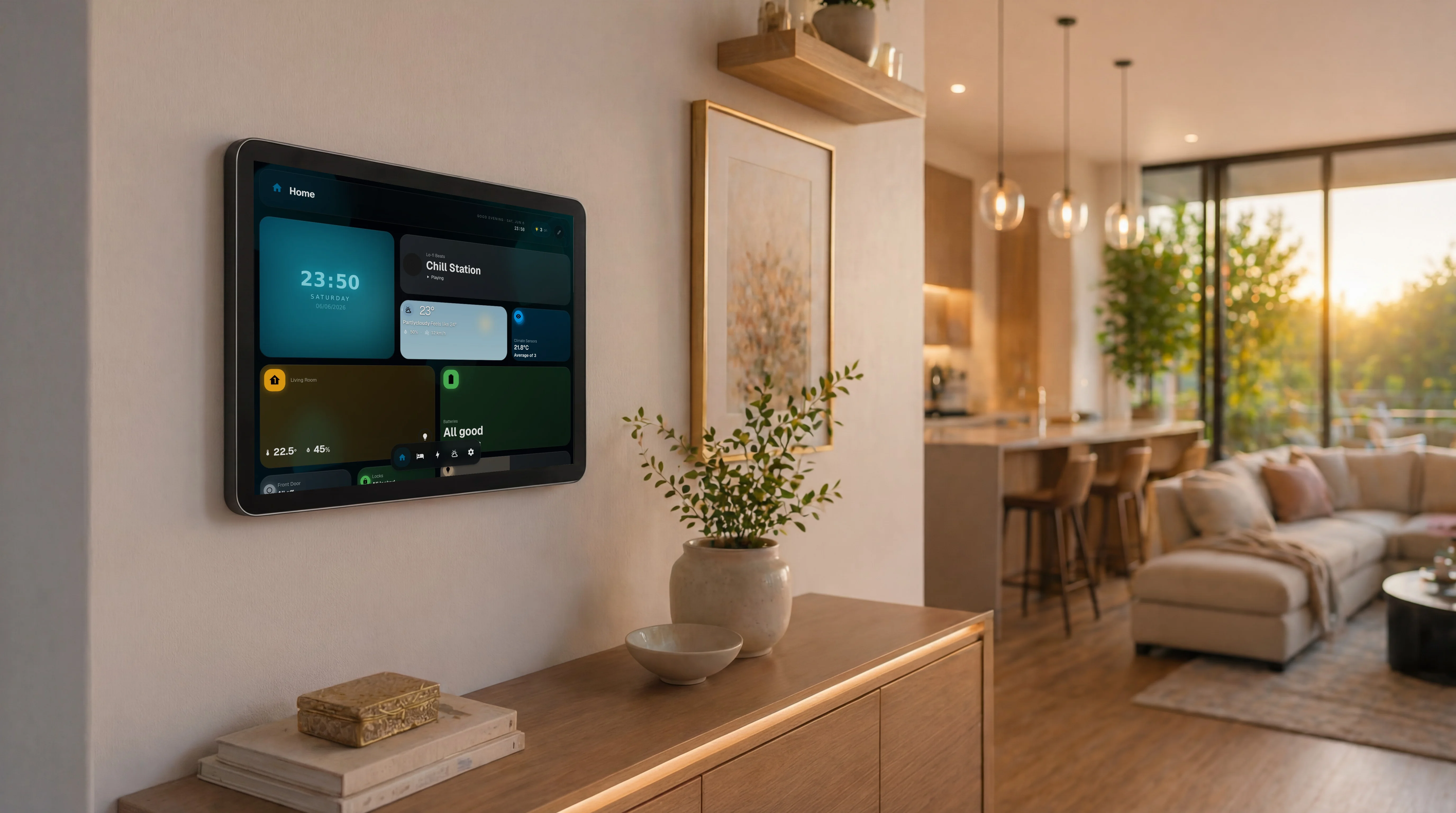 GlassHome dashboard on a wall-mounted tablet in a modern living room