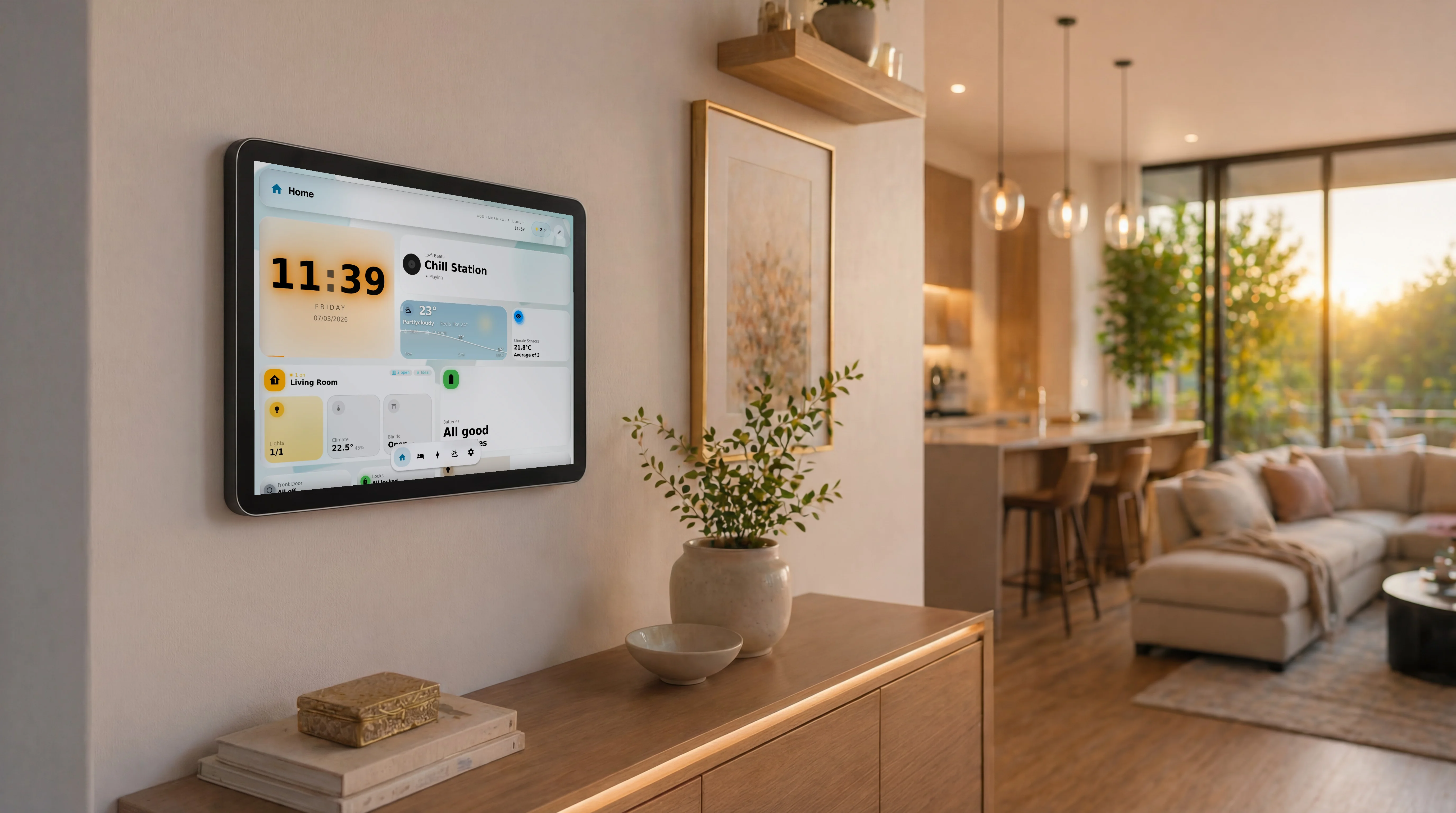 GlassHome on a wall-mounted tablet as a Home Assistant control panel